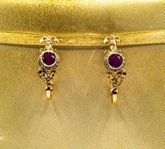 Art Deco Style White Brilliant Cut Diamond Ruby Yellow Gold Stud Drop Earrings