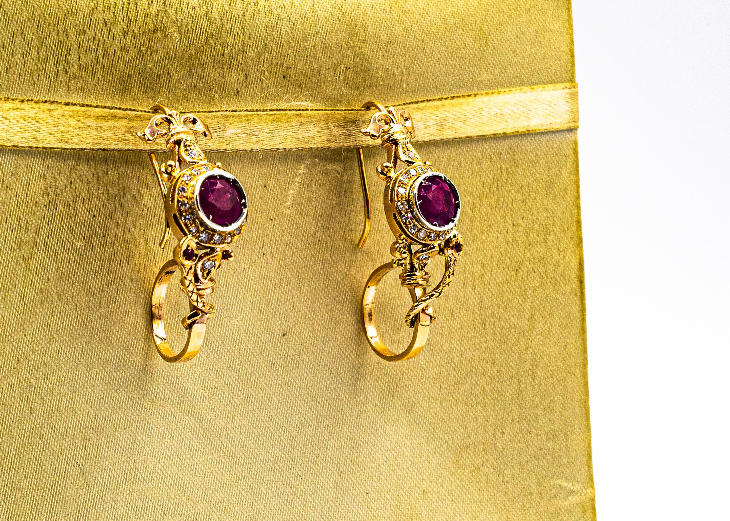 Women's or Men's Art Deco Style White Brilliant Cut Diamond Ruby Yellow Gold Stud Drop Earrings For Sale