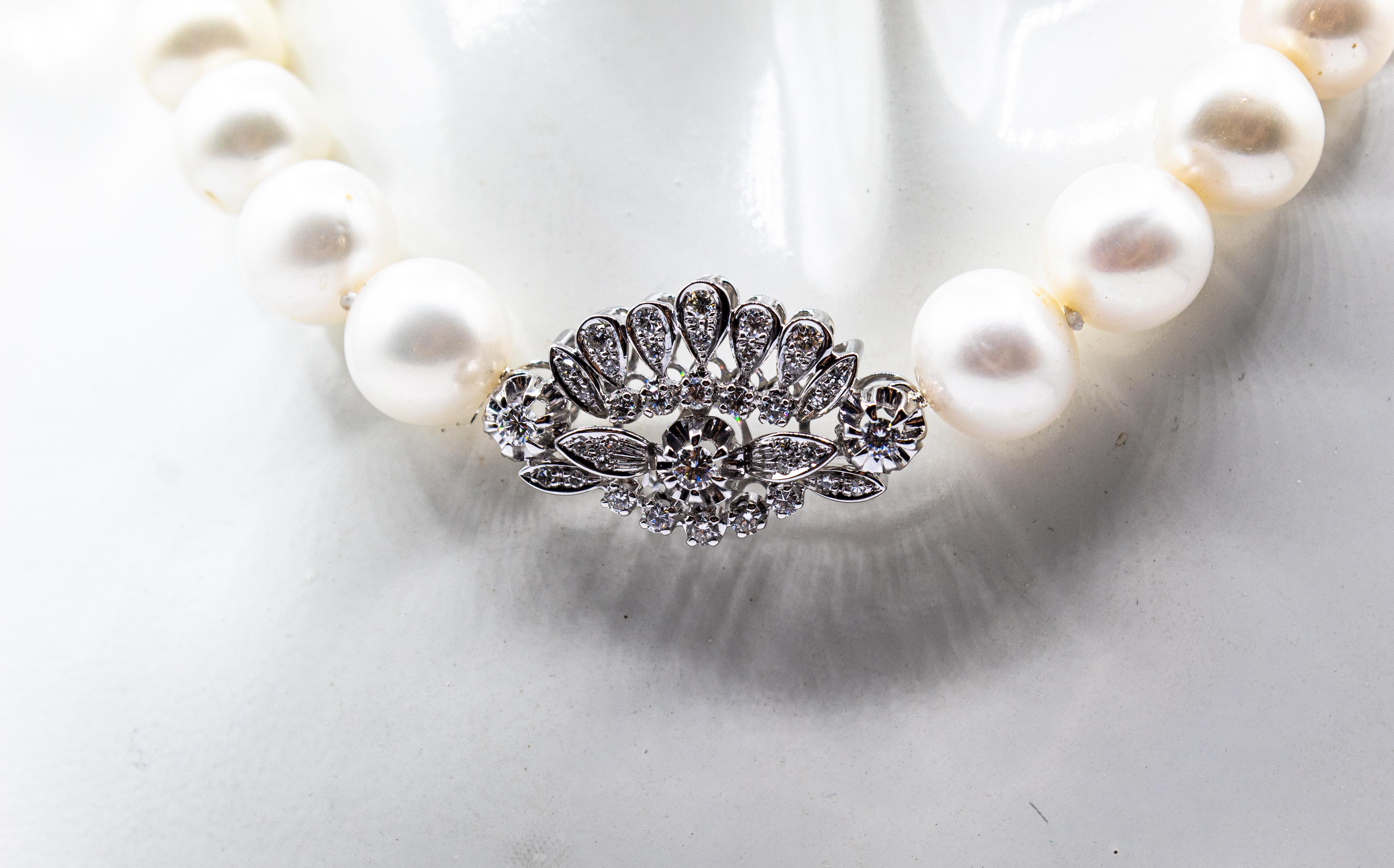 Women's or Men's Art Deco Style White Brilliant Cut Diamond Sea Pearl White Gold Beaded Necklace For Sale