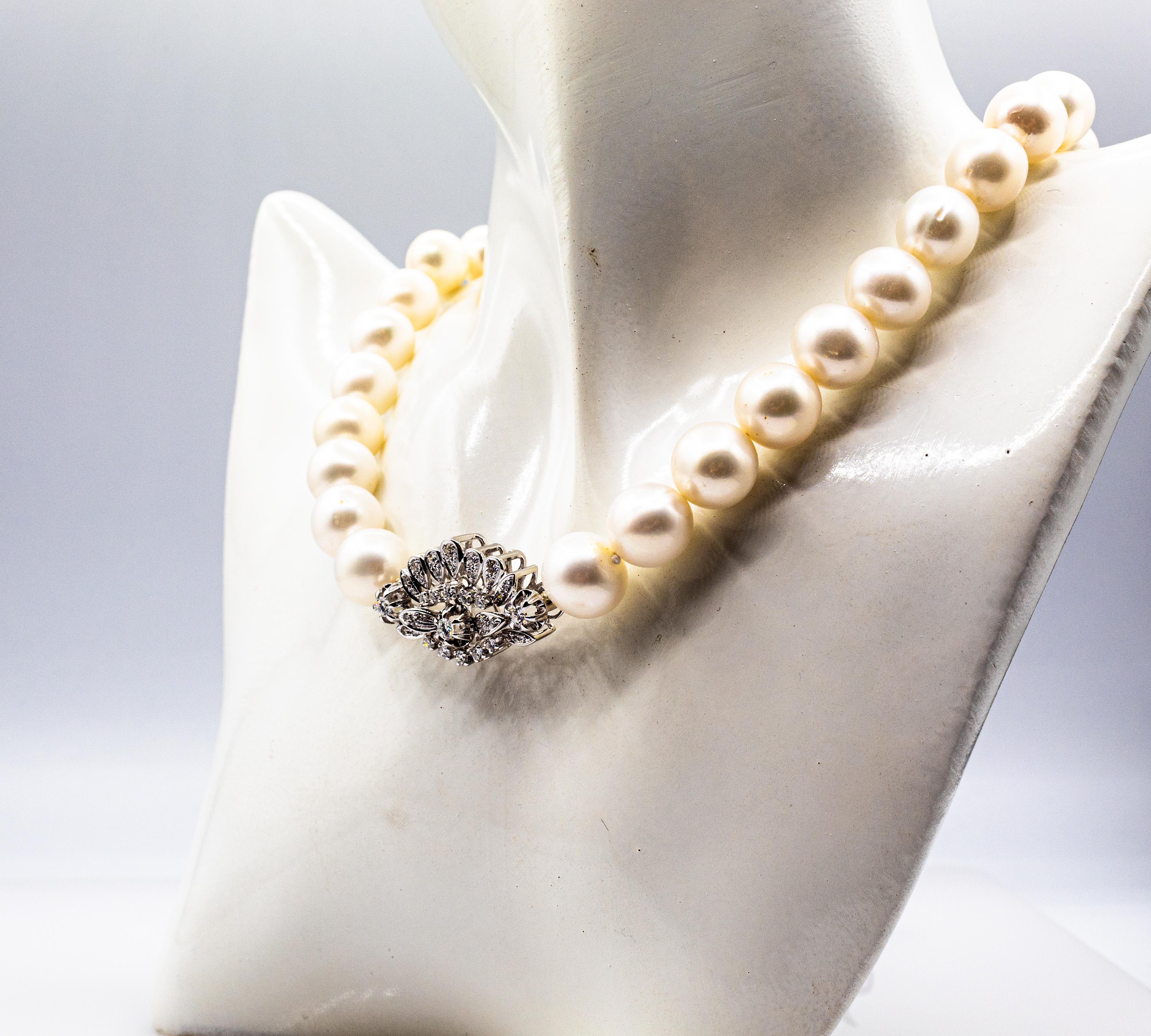 Art Deco Style White Brilliant Cut Diamond Sea Pearl White Gold Beaded Necklace For Sale 1