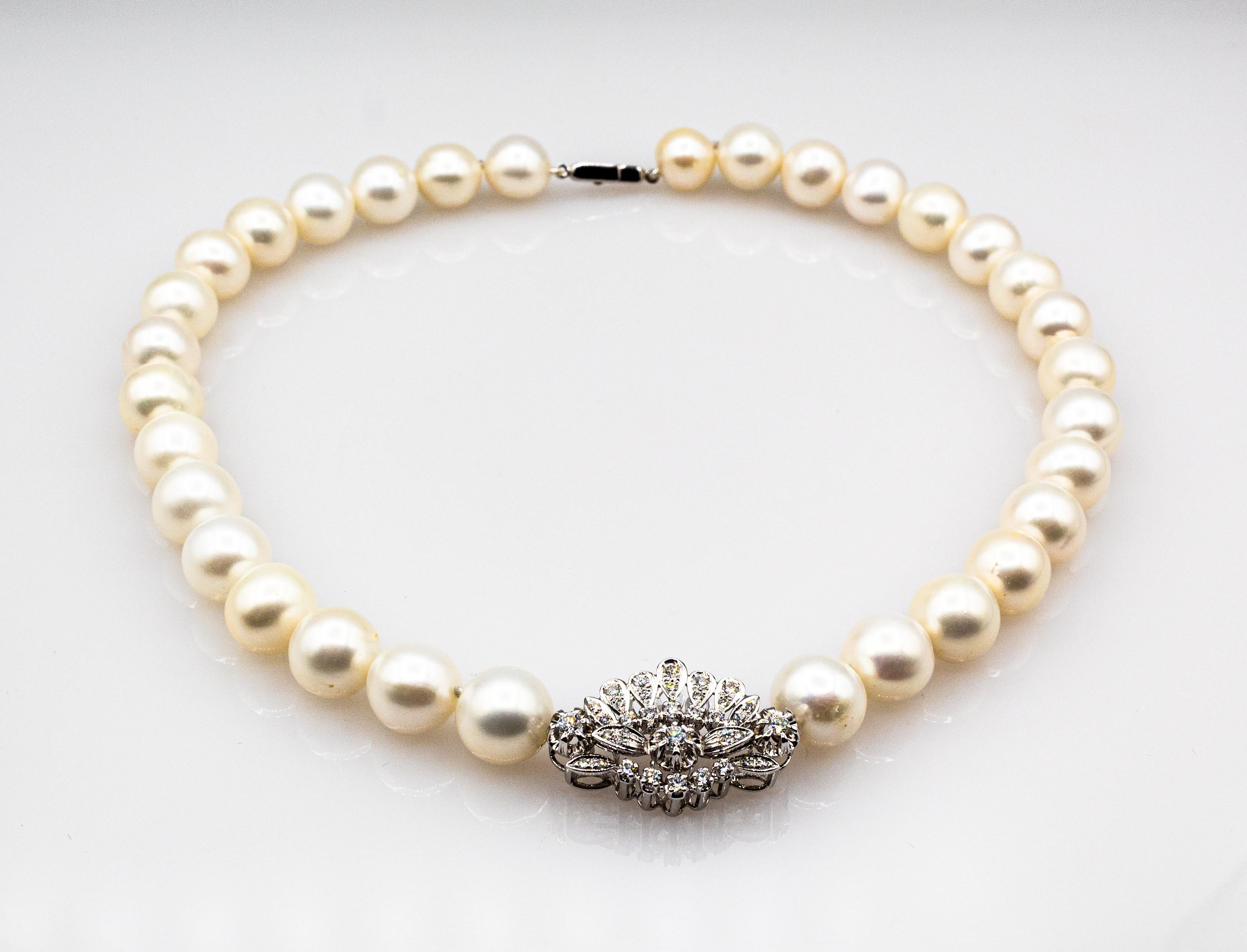 Art Deco Style White Brilliant Cut Diamond Sea Pearl White Gold Beaded Necklace For Sale 2