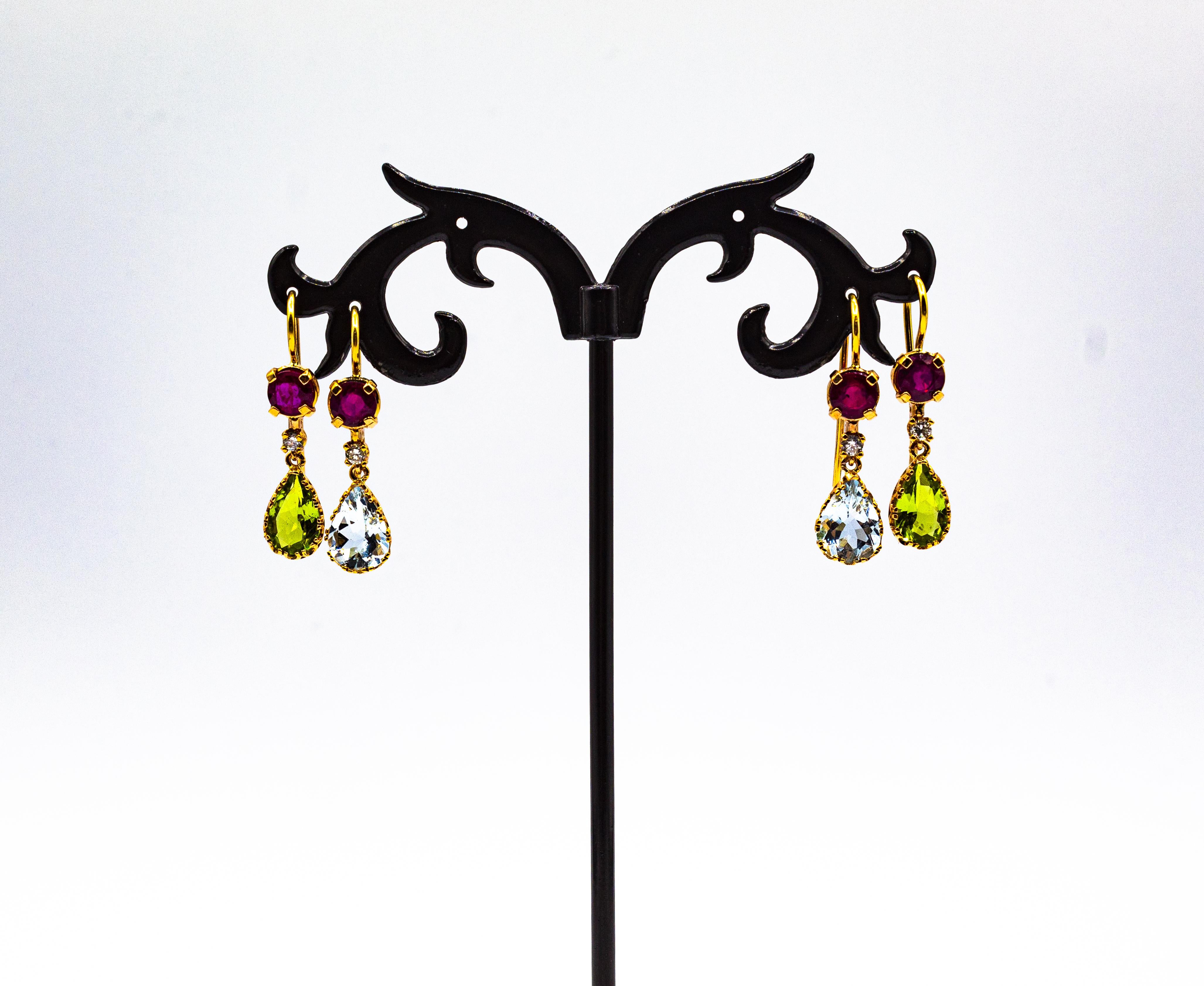 Clous d'oreilles pendantes de style Art déco en or jaune avec diamant blanc, aigue-marine et rubis en vente 6