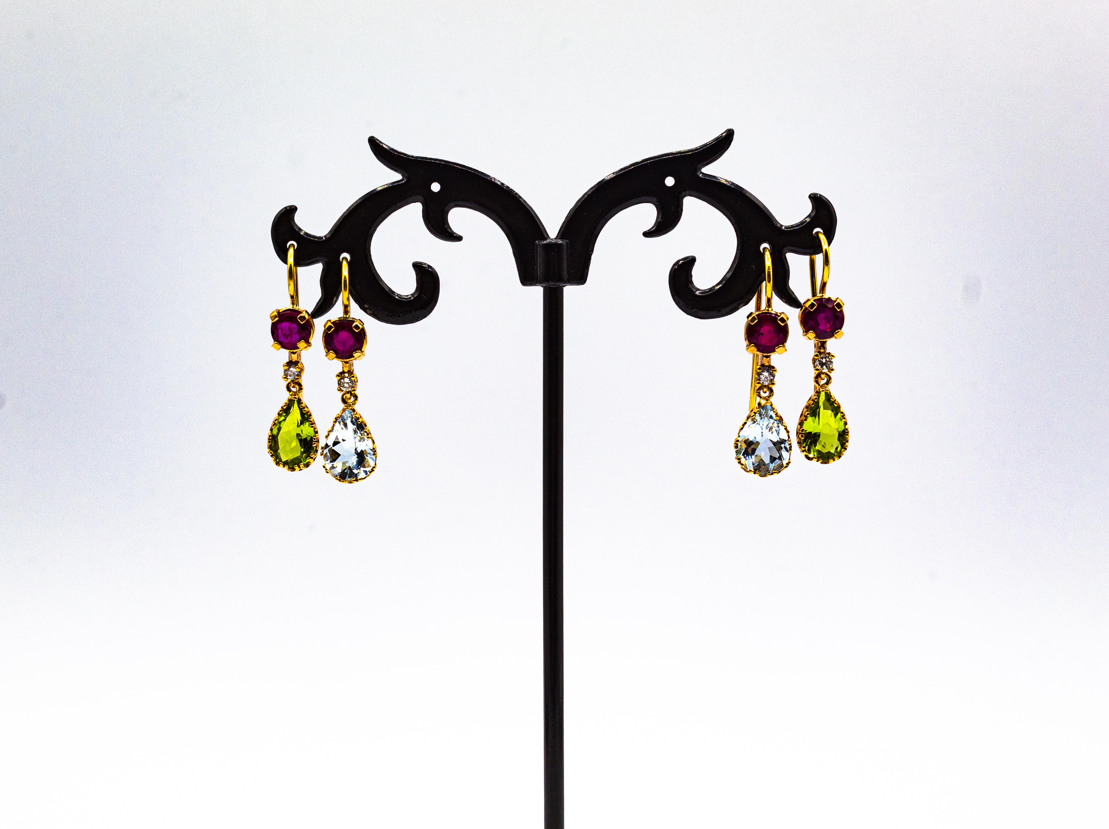 Clous d'oreilles pendantes de style Art déco en or jaune avec diamant blanc, aigue-marine et rubis en vente 7