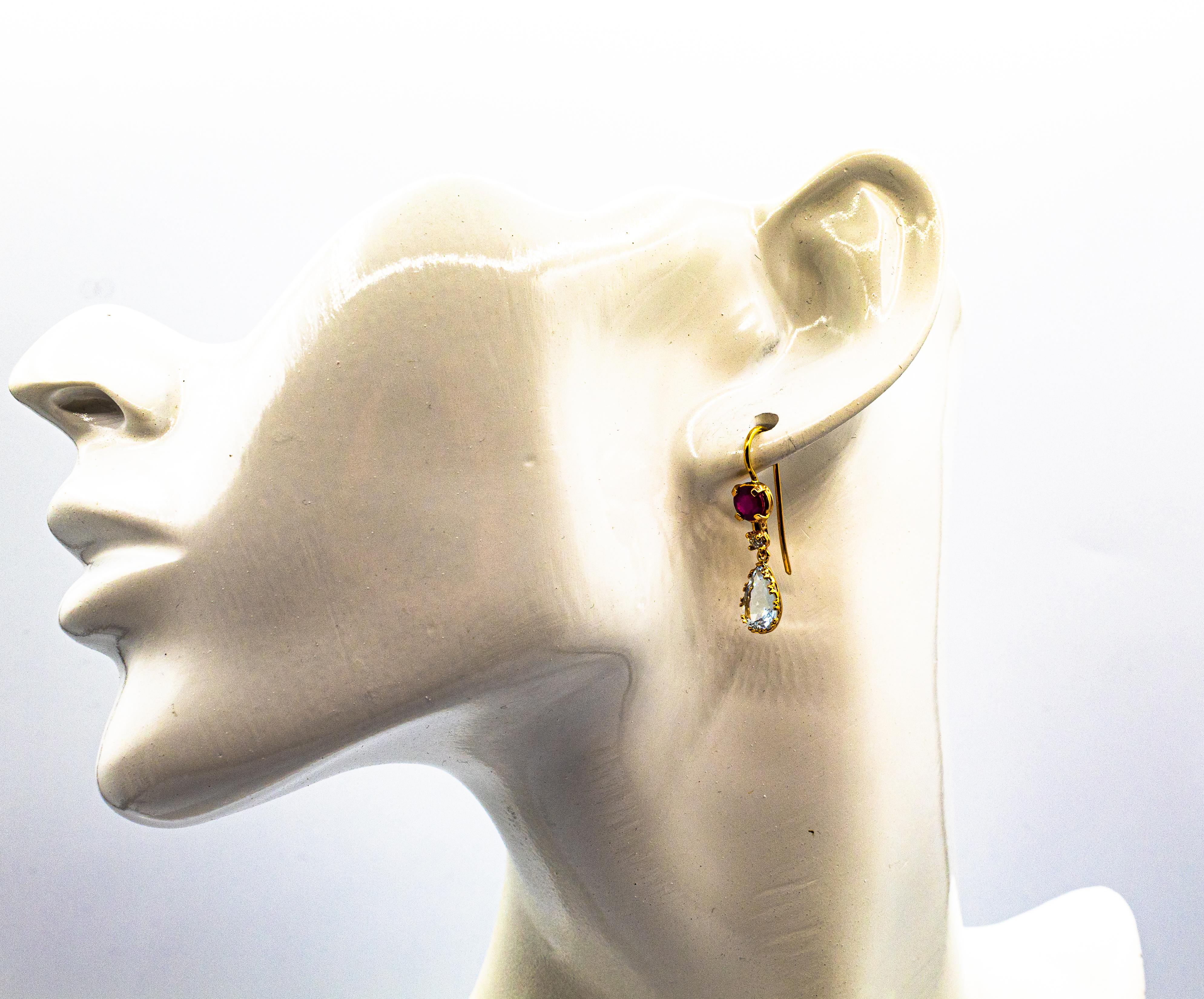 Clous d'oreilles pendantes de style Art déco en or jaune avec diamant blanc, aigue-marine et rubis en vente 10