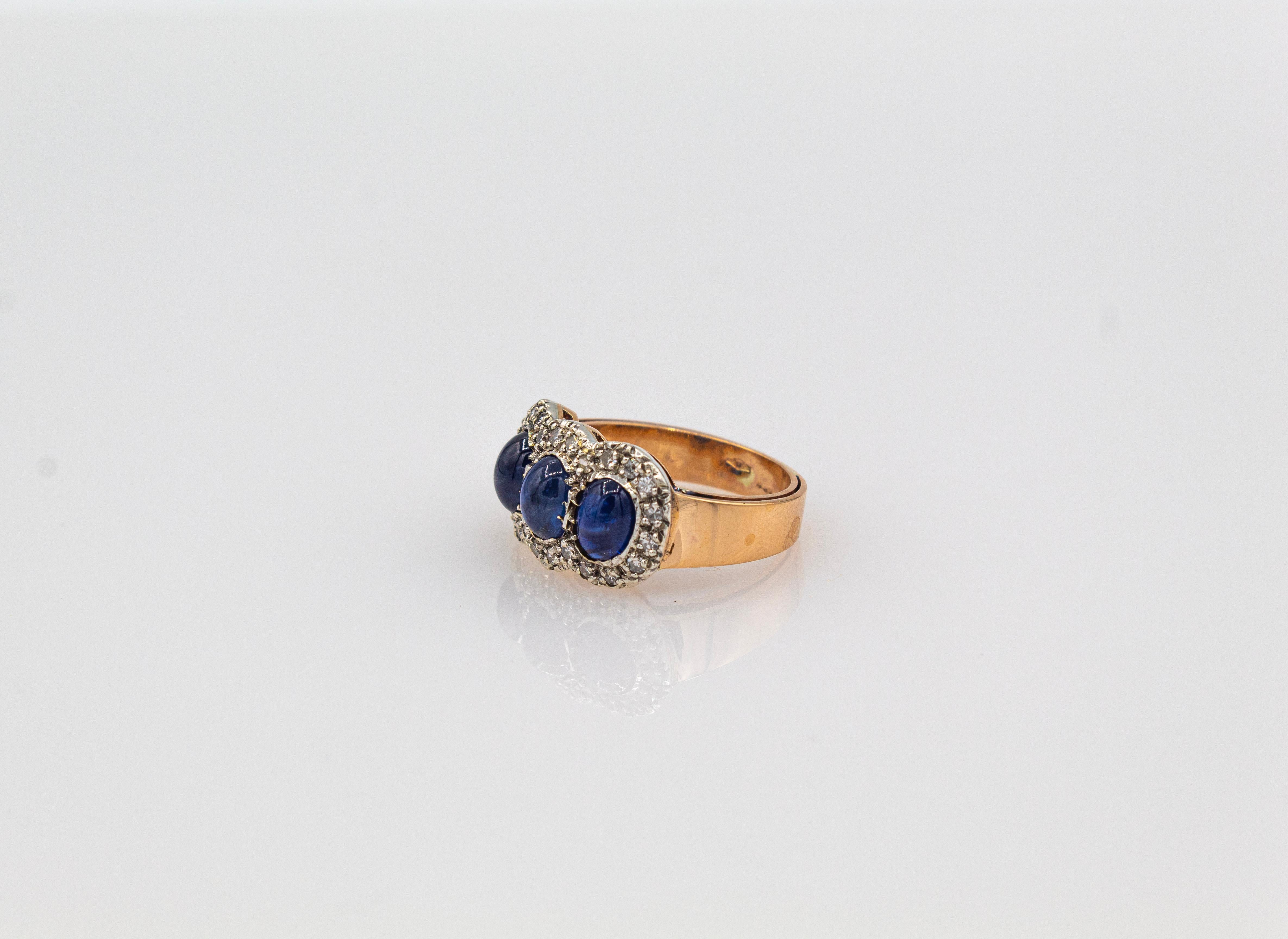 Art Deco Style White Diamond Blue Cabochon Cut Sapphire Yellow Gold Band Ring 6