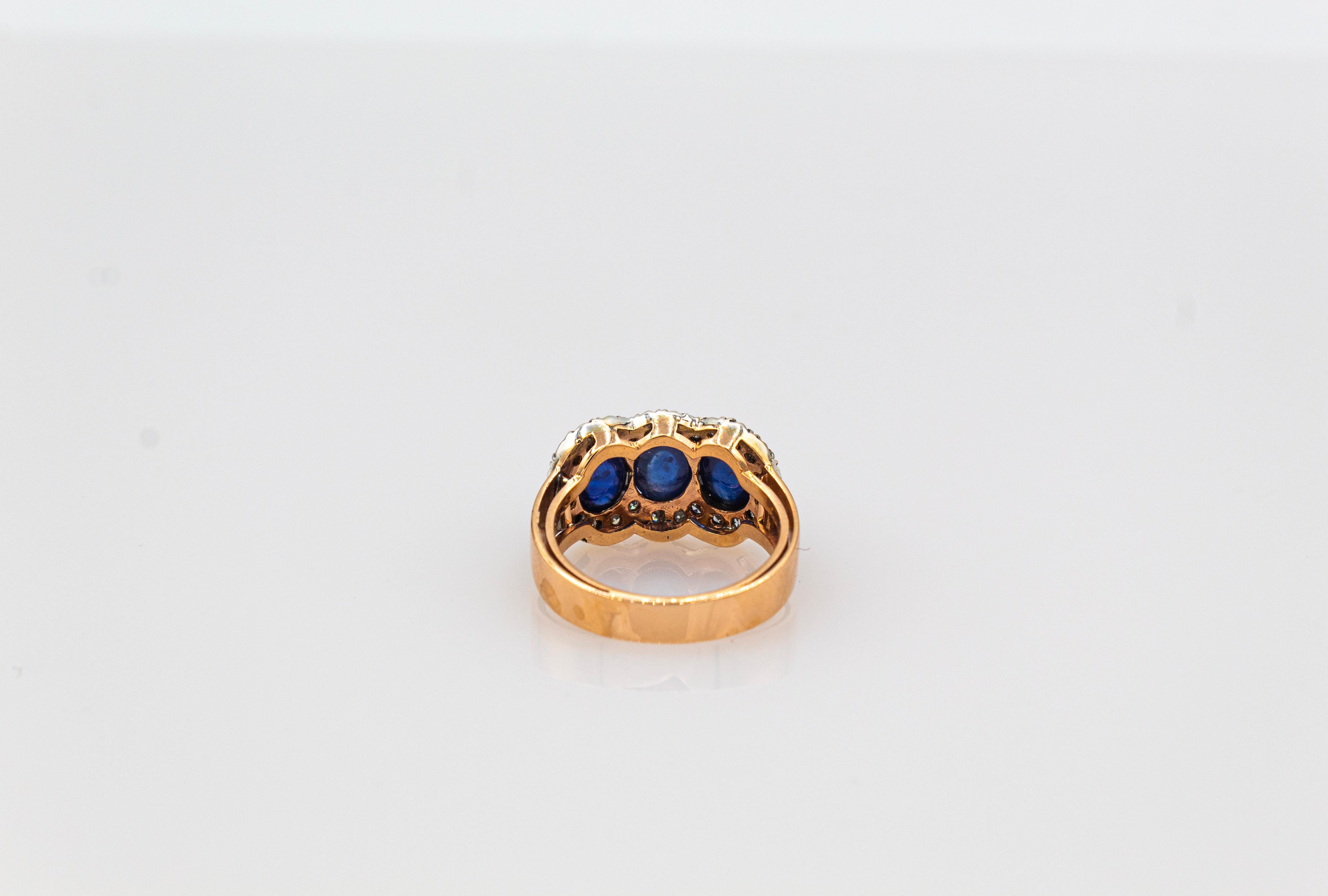 Art Deco Style White Diamond Blue Cabochon Cut Sapphire Yellow Gold Band Ring For Sale 7