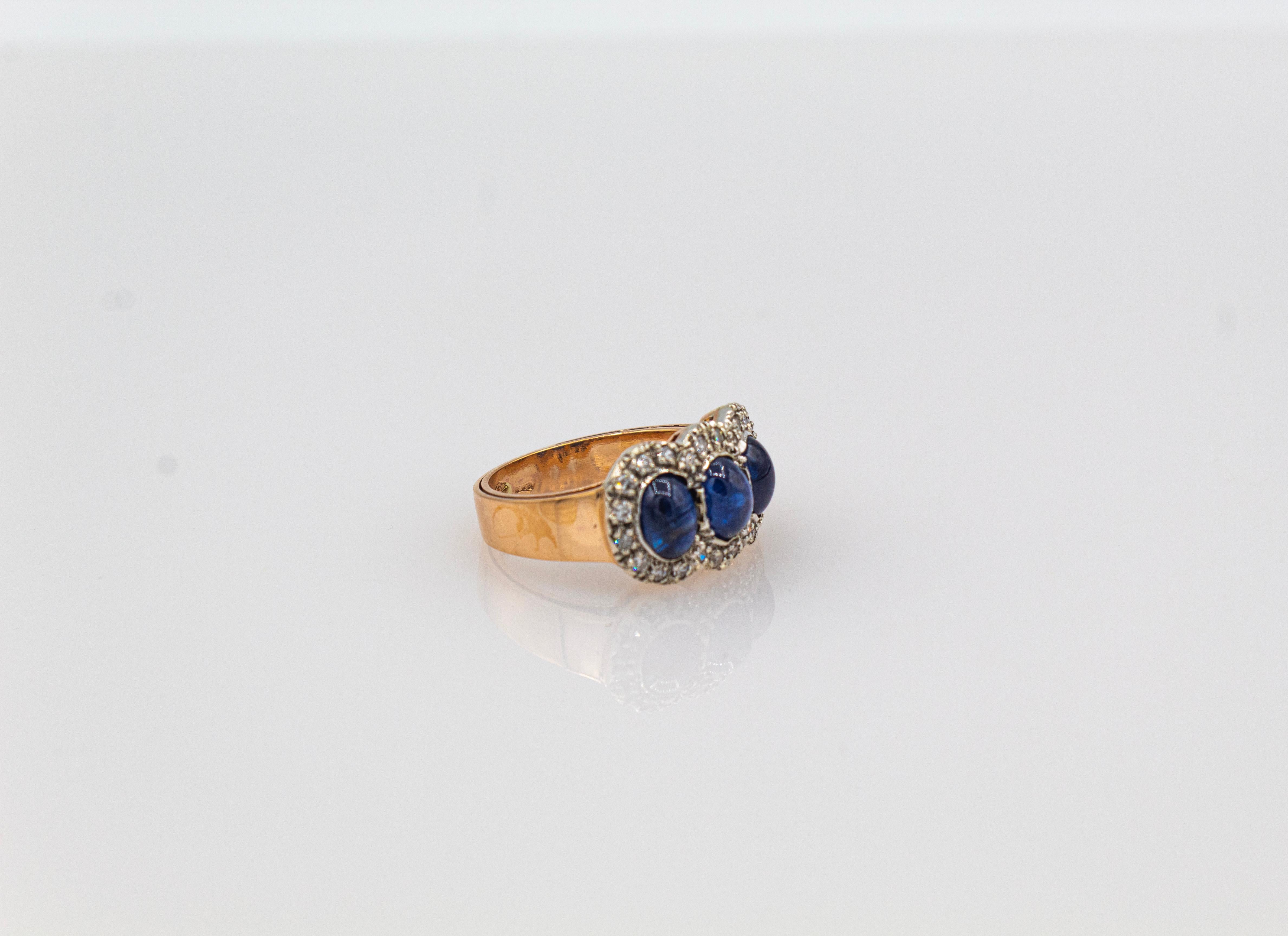 Art Deco Style White Diamond Blue Cabochon Cut Sapphire Yellow Gold Band Ring 8