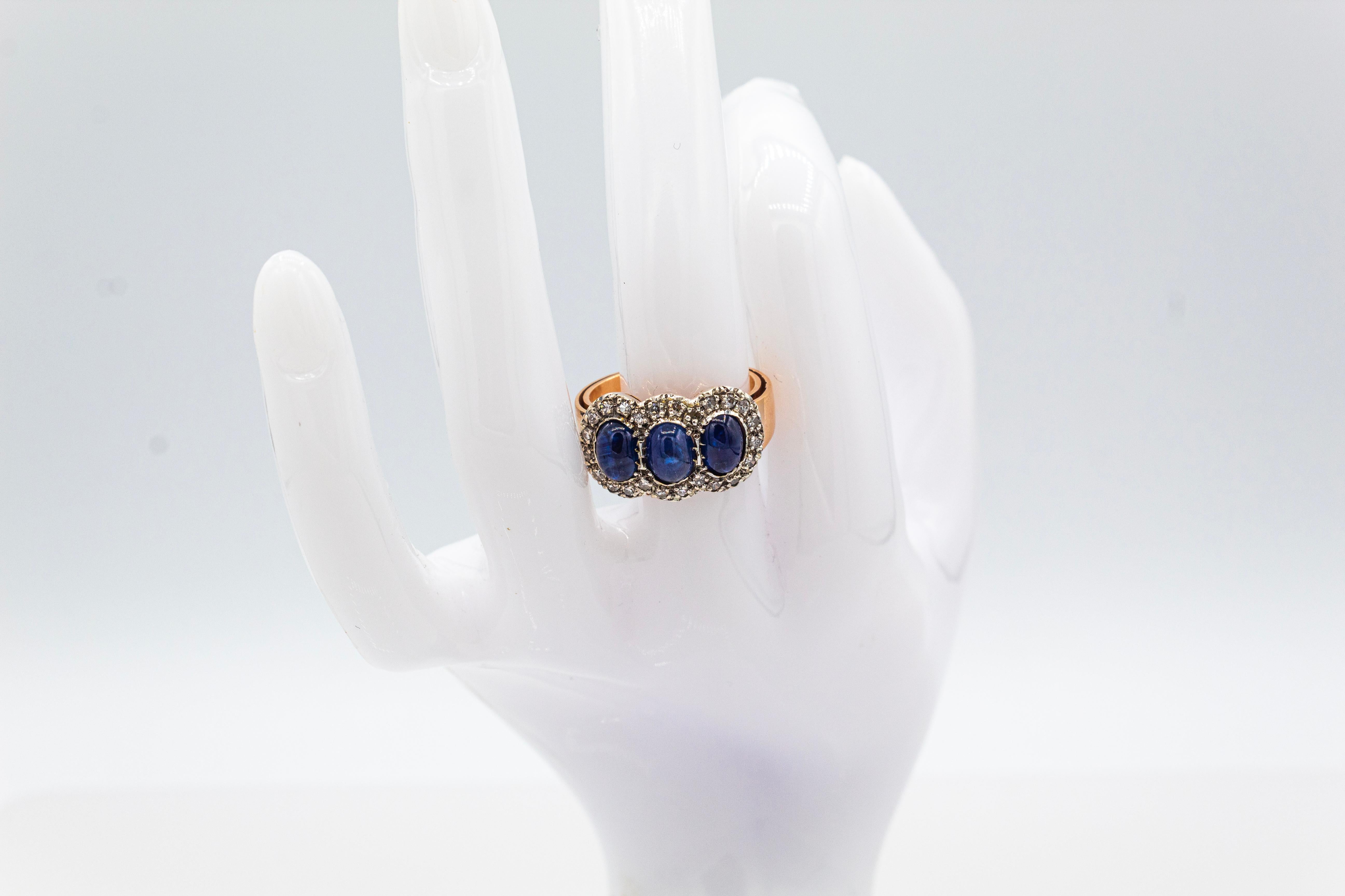 Art Deco Style White Diamond Blue Cabochon Cut Sapphire Yellow Gold Band Ring 9