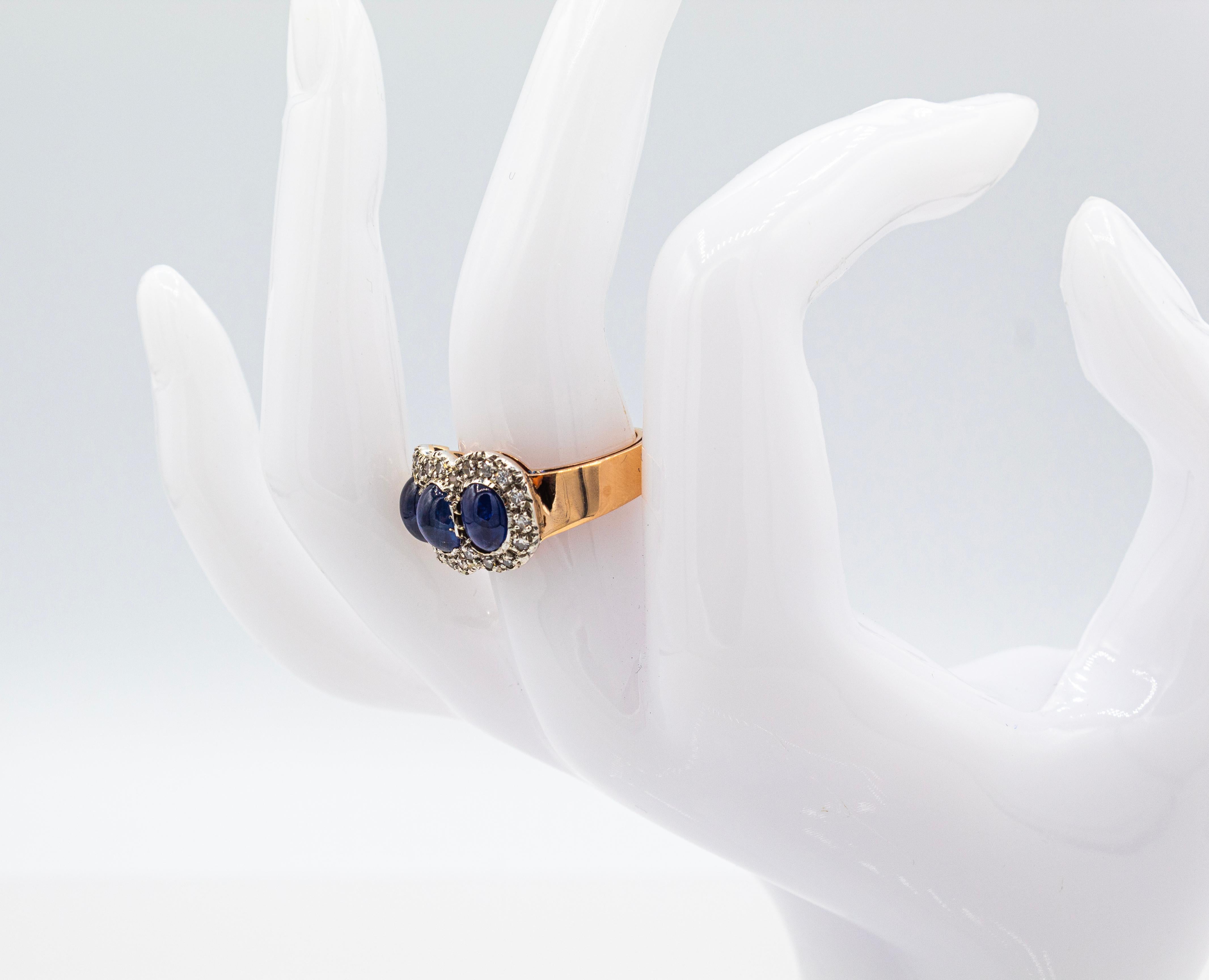 Art Deco Style White Diamond Blue Cabochon Cut Sapphire Yellow Gold Band Ring 10