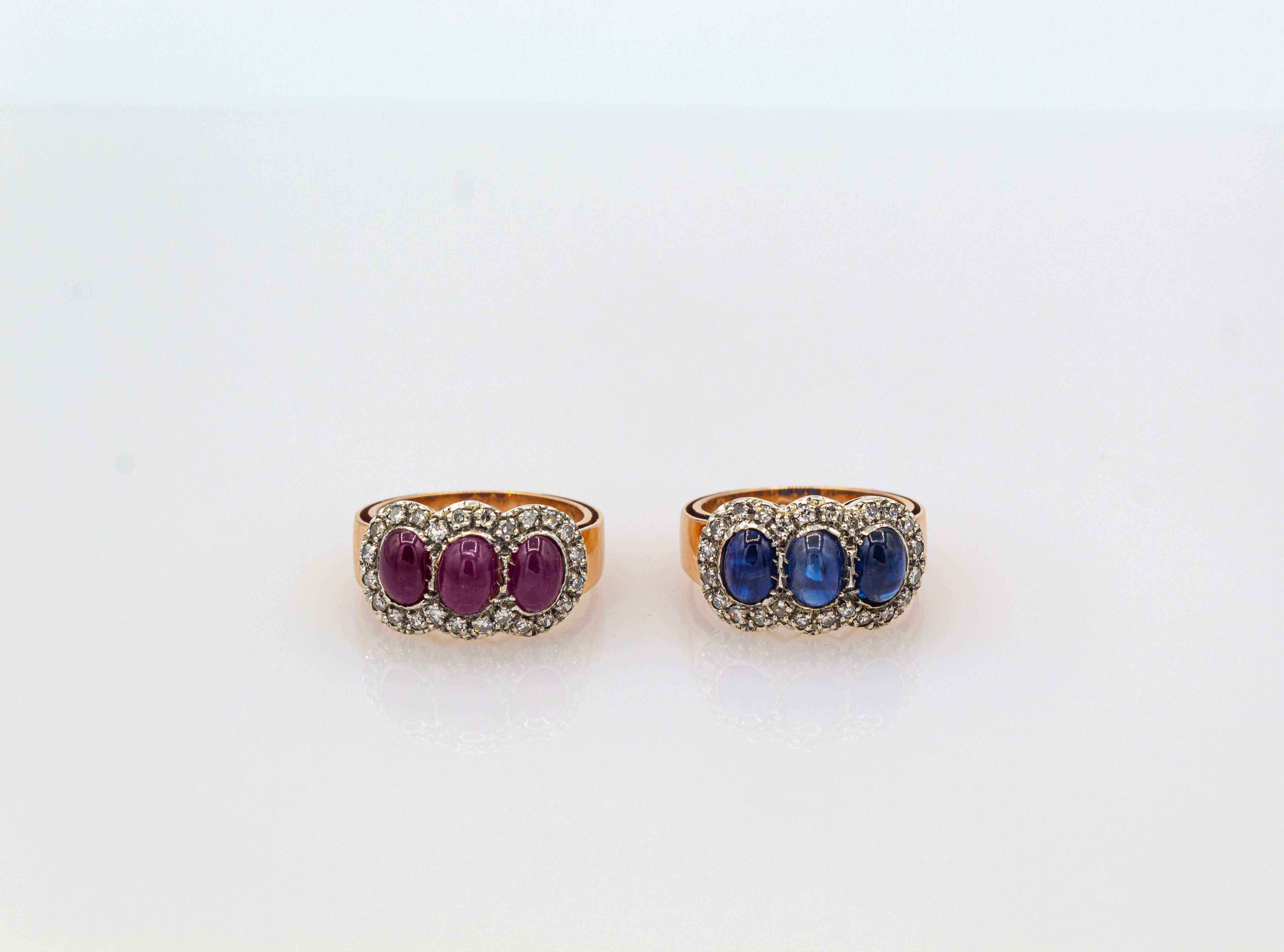 Art Deco Style White Diamond Blue Cabochon Cut Sapphire Yellow Gold Band Ring In New Condition For Sale In Naples, IT