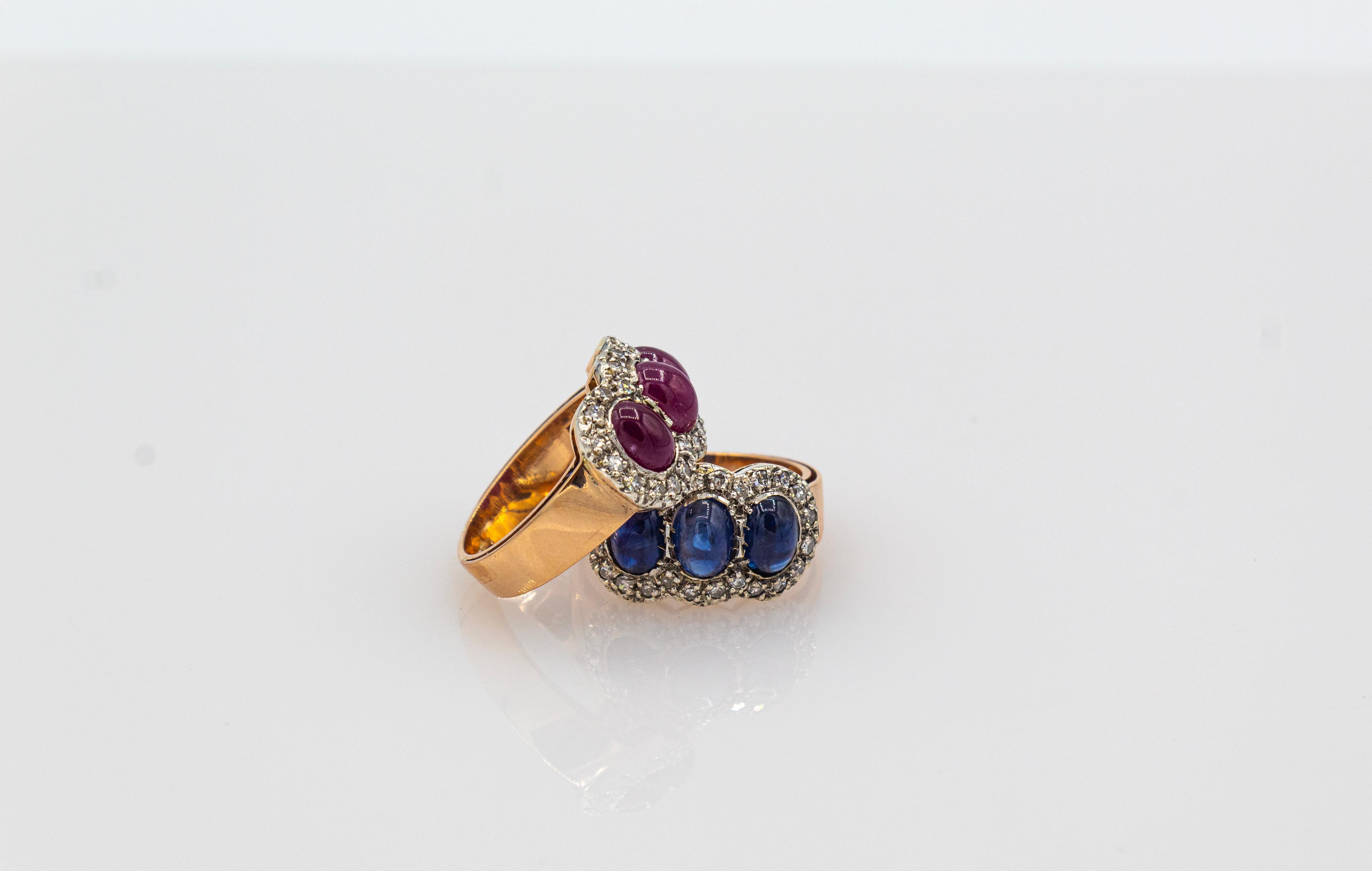 Women's or Men's Art Deco Style White Diamond Blue Cabochon Cut Sapphire Yellow Gold Band Ring