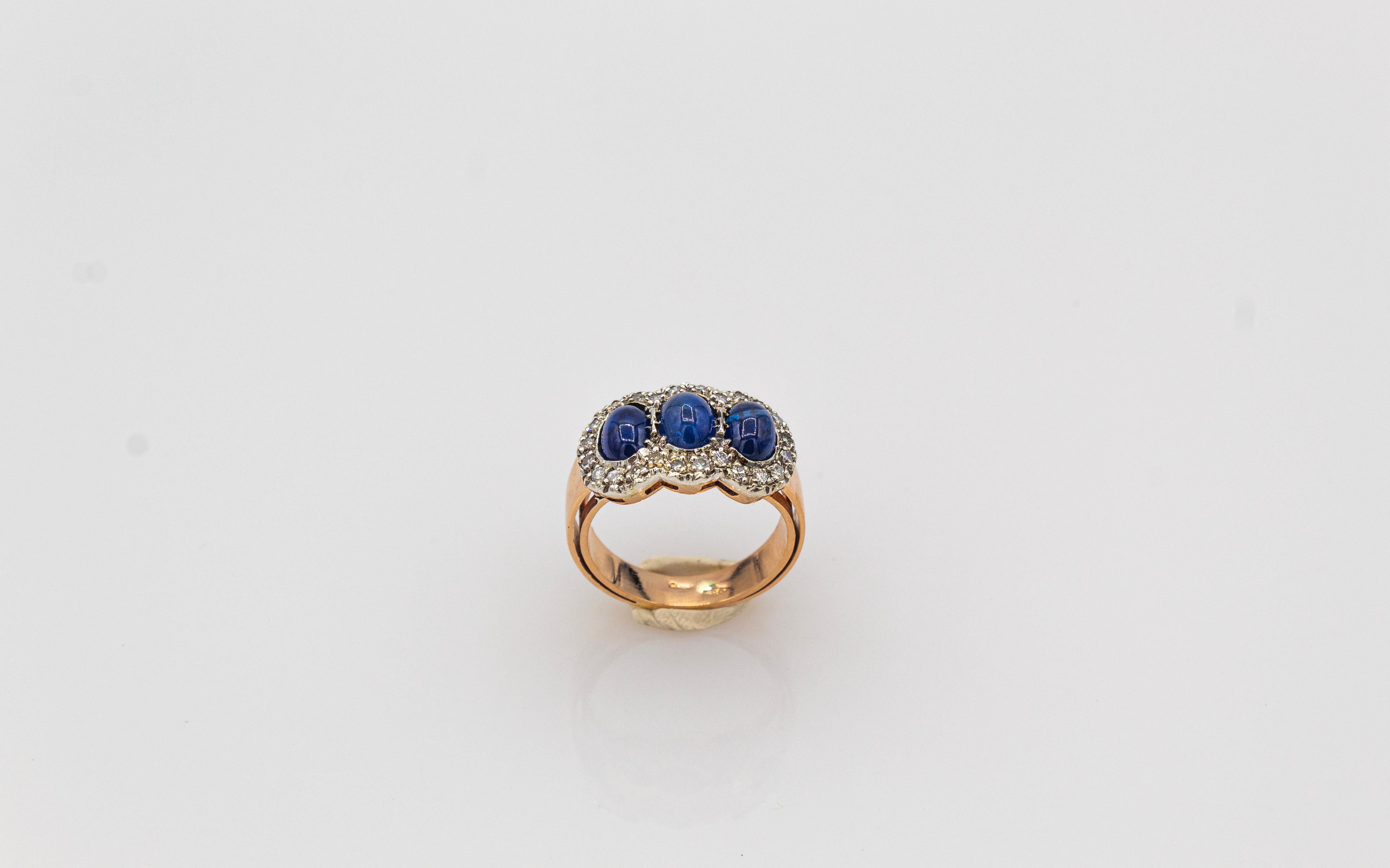 Art Deco Style White Diamond Blue Cabochon Cut Sapphire Yellow Gold Band Ring 1