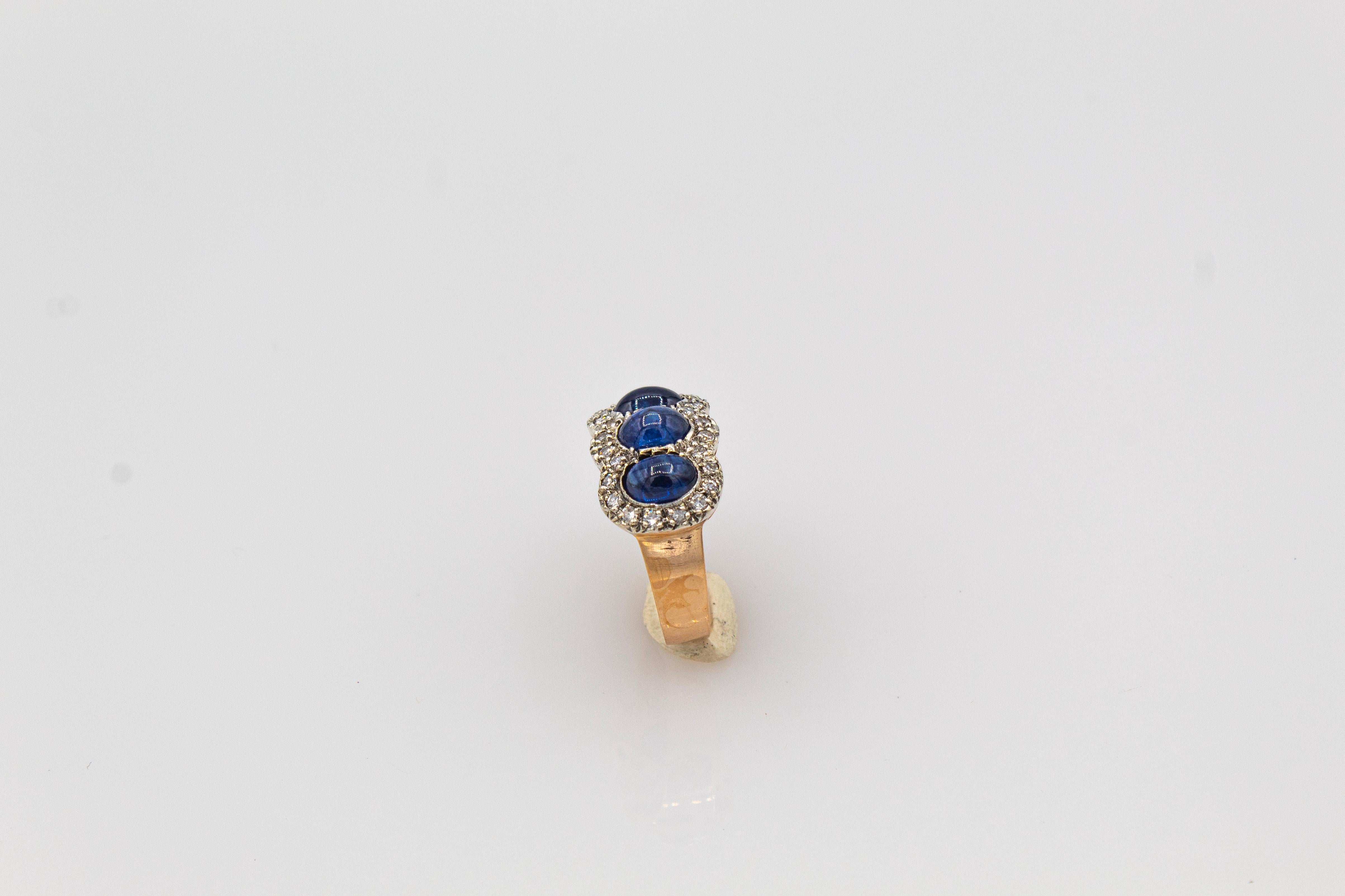 Art Deco Style White Diamond Blue Cabochon Cut Sapphire Yellow Gold Band Ring 3