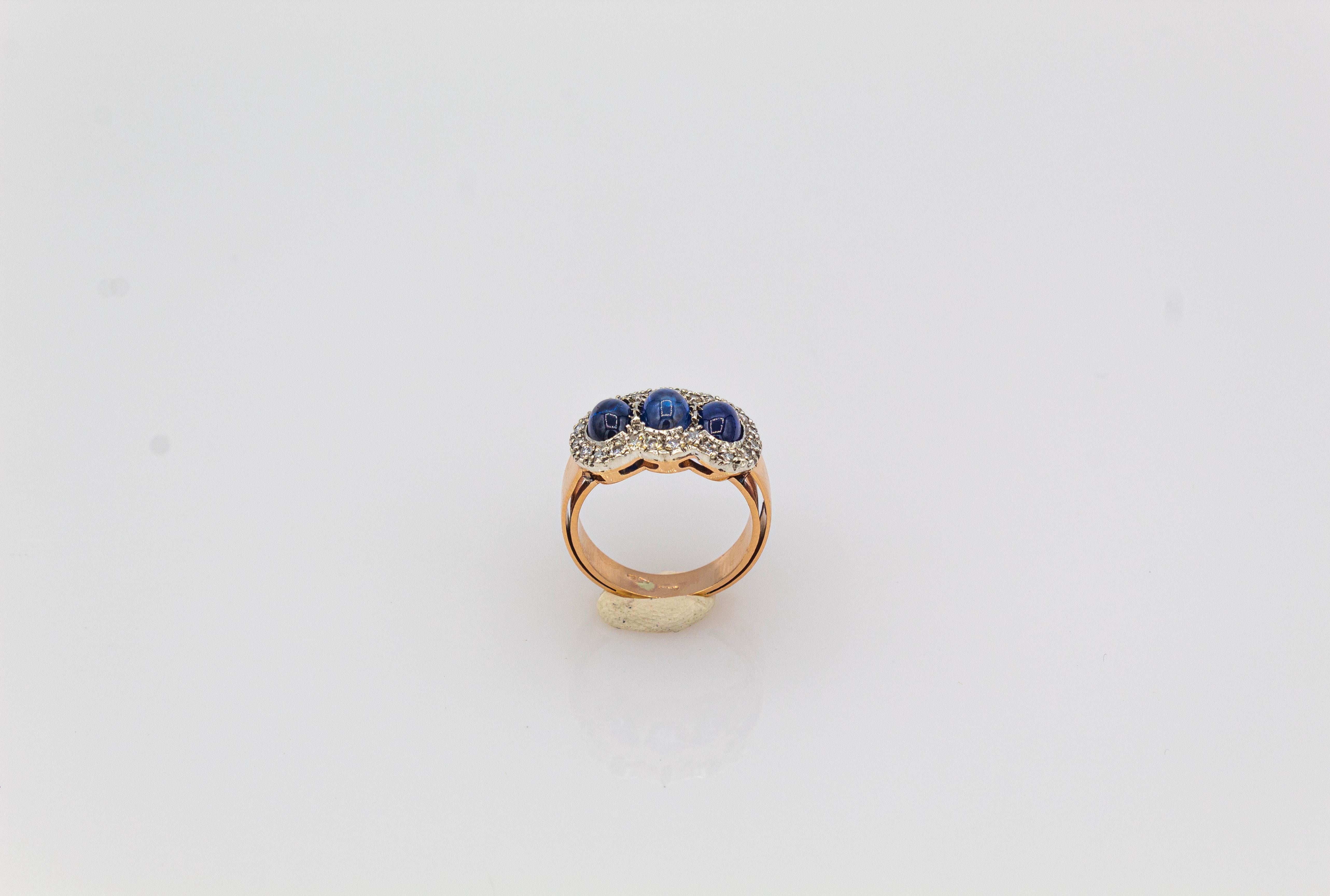 Art Deco Style White Diamond Blue Cabochon Cut Sapphire Yellow Gold Band Ring 4