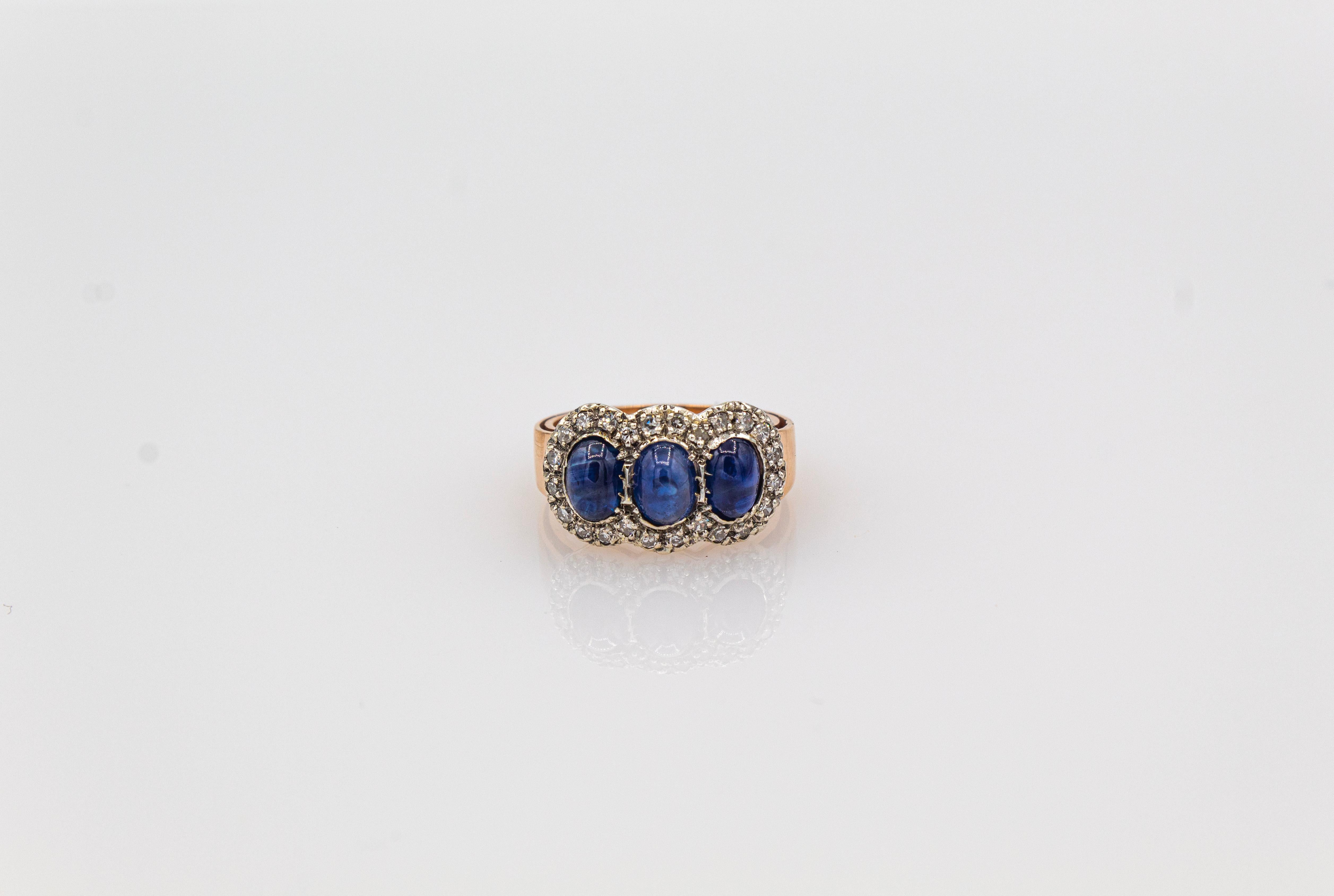 Art Deco Style White Diamond Blue Cabochon Cut Sapphire Yellow Gold Band Ring 5