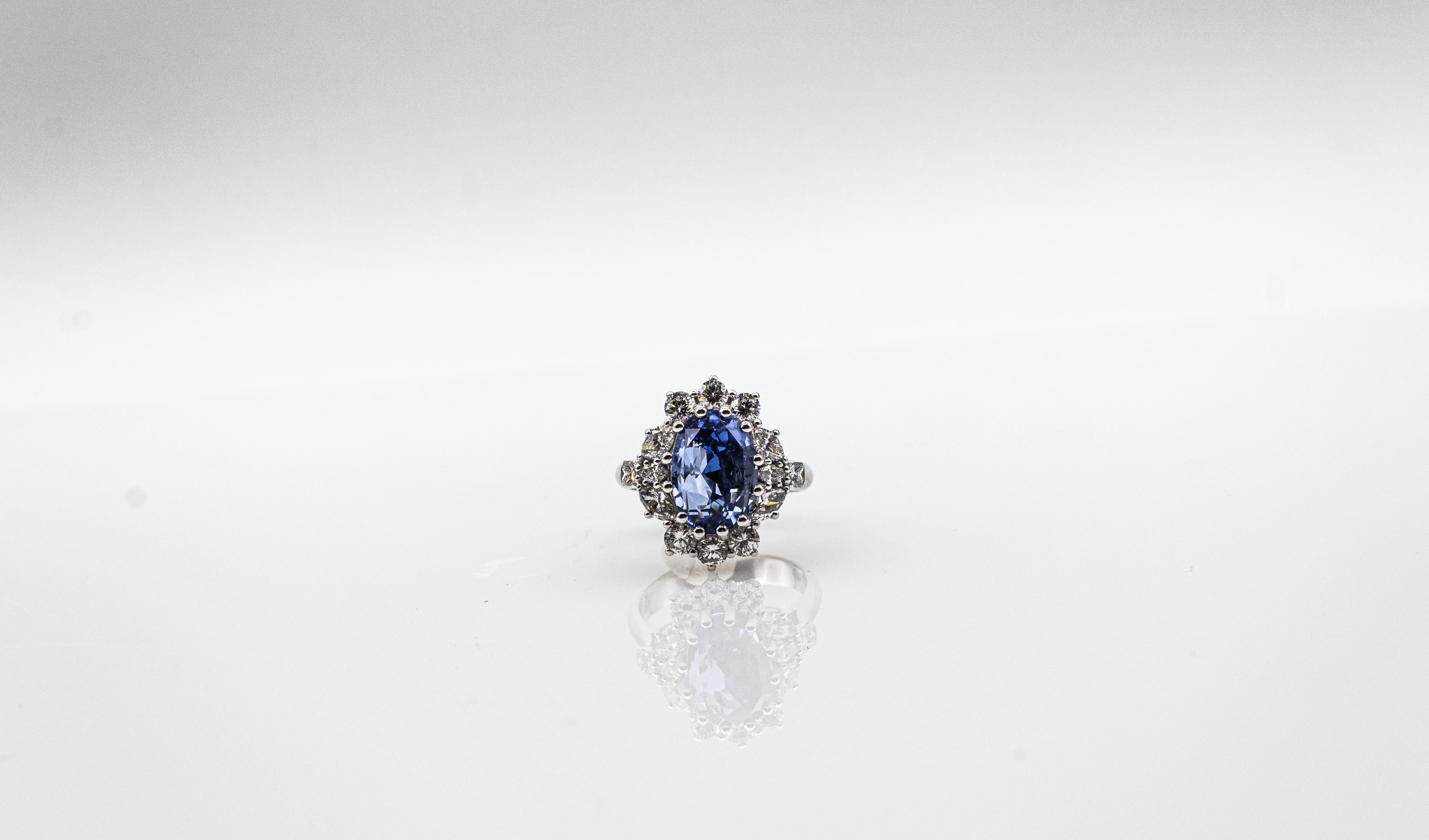 Art Deco Style White Diamond Blue Ceylon Sapphire White Gold Cocktail Ring 5