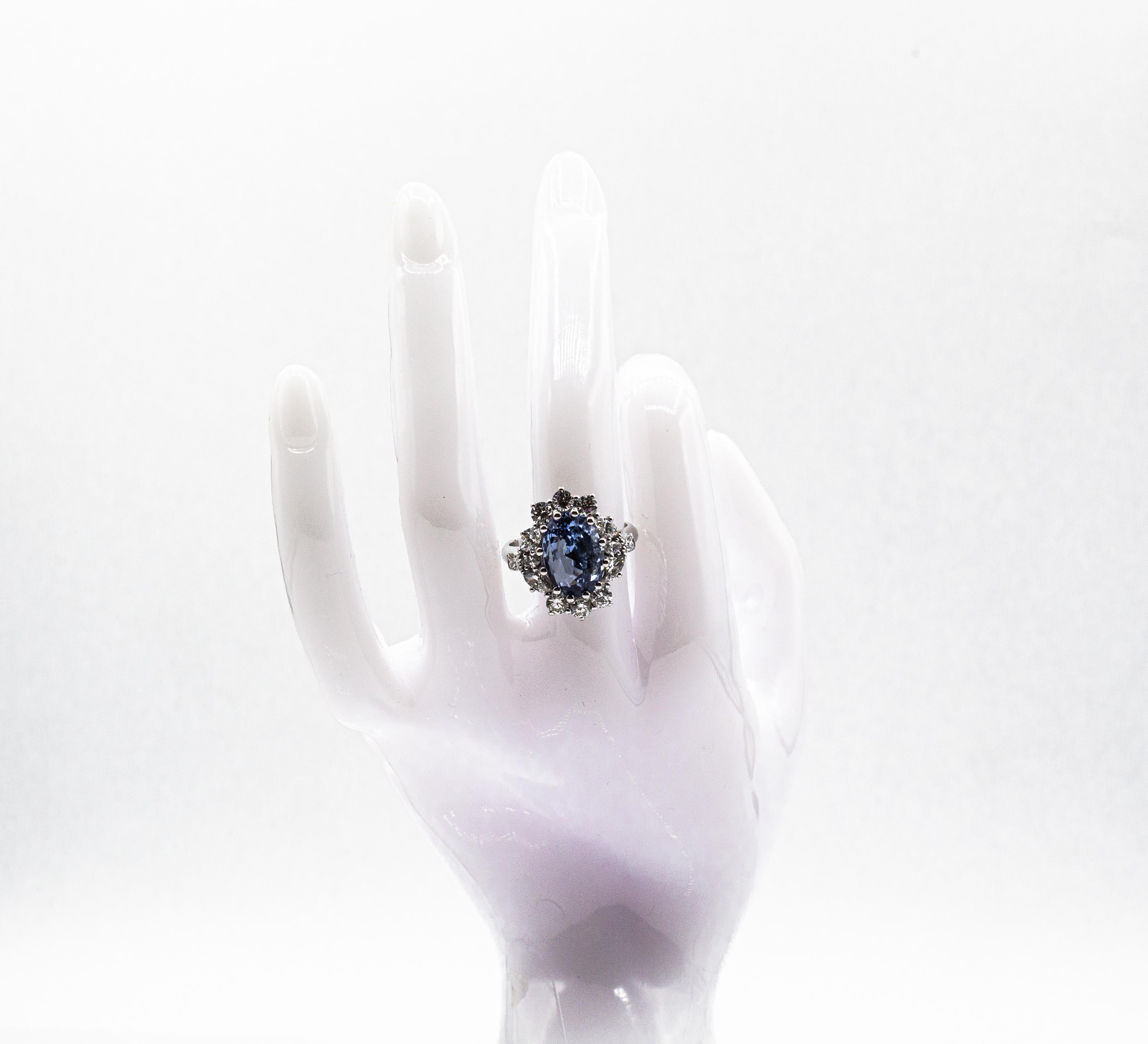 Art Deco Style White Diamond Blue Ceylon Sapphire White Gold Cocktail Ring For Sale 11