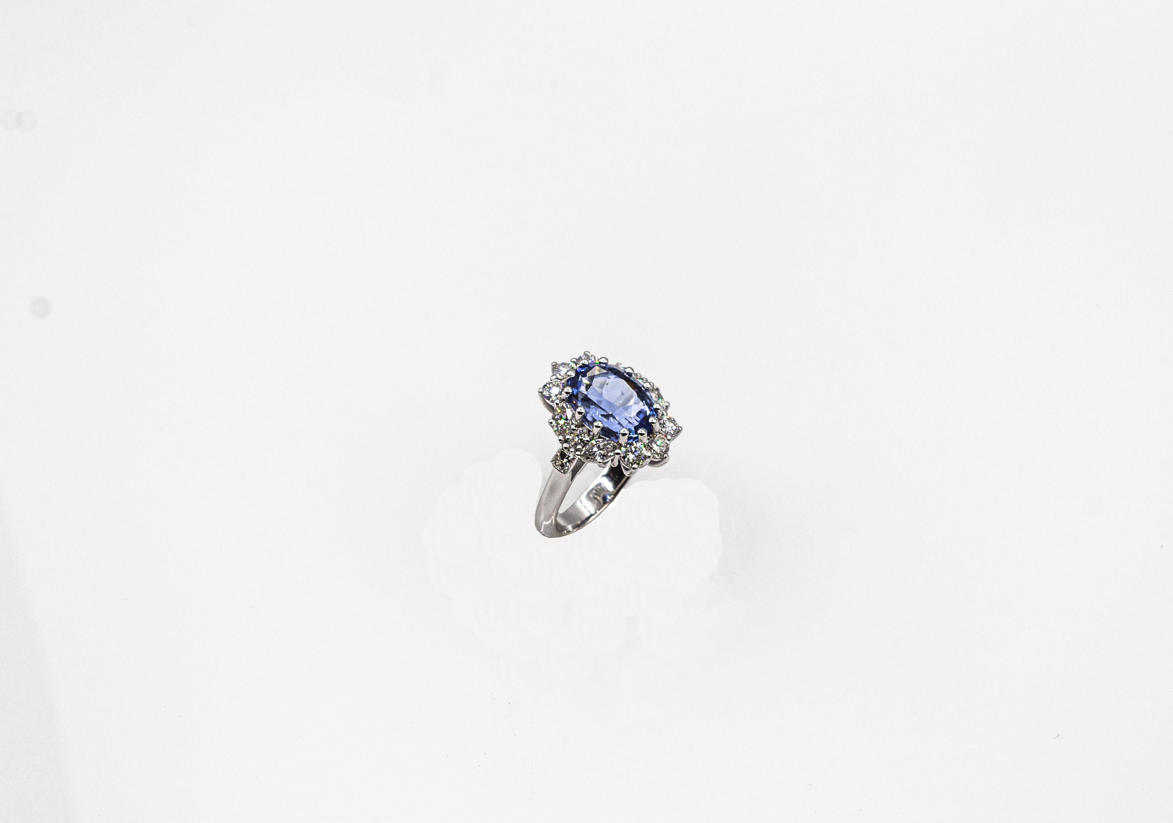Art Deco Style White Diamond Blue Ceylon Sapphire White Gold Cocktail Ring For Sale 2