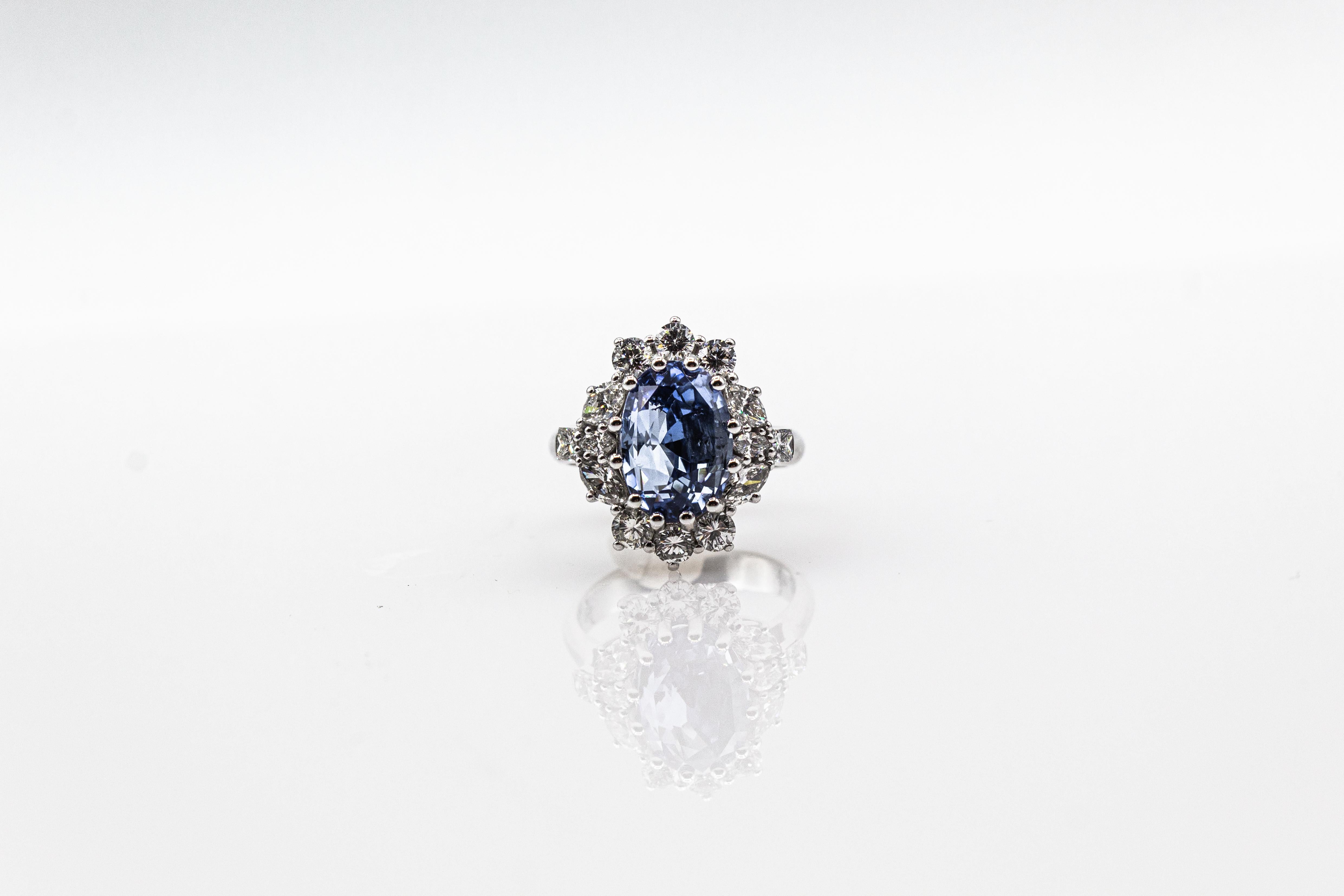 Art Deco Style White Diamond Blue Ceylon Sapphire White Gold Cocktail Ring For Sale 4