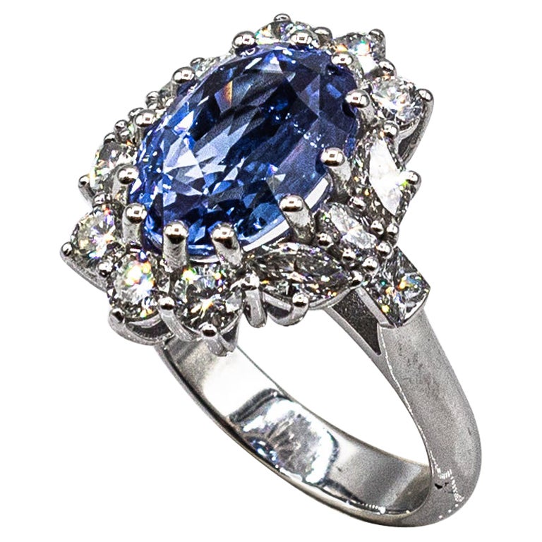 Art Deco Style White Diamond Blue Ceylon Sapphire White Gold Cocktail Ring