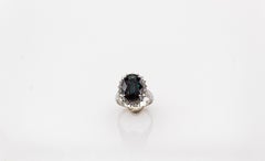 Art Deco Style White Diamond Blue Oval Cut Sapphire White Gold Cocktail Ring