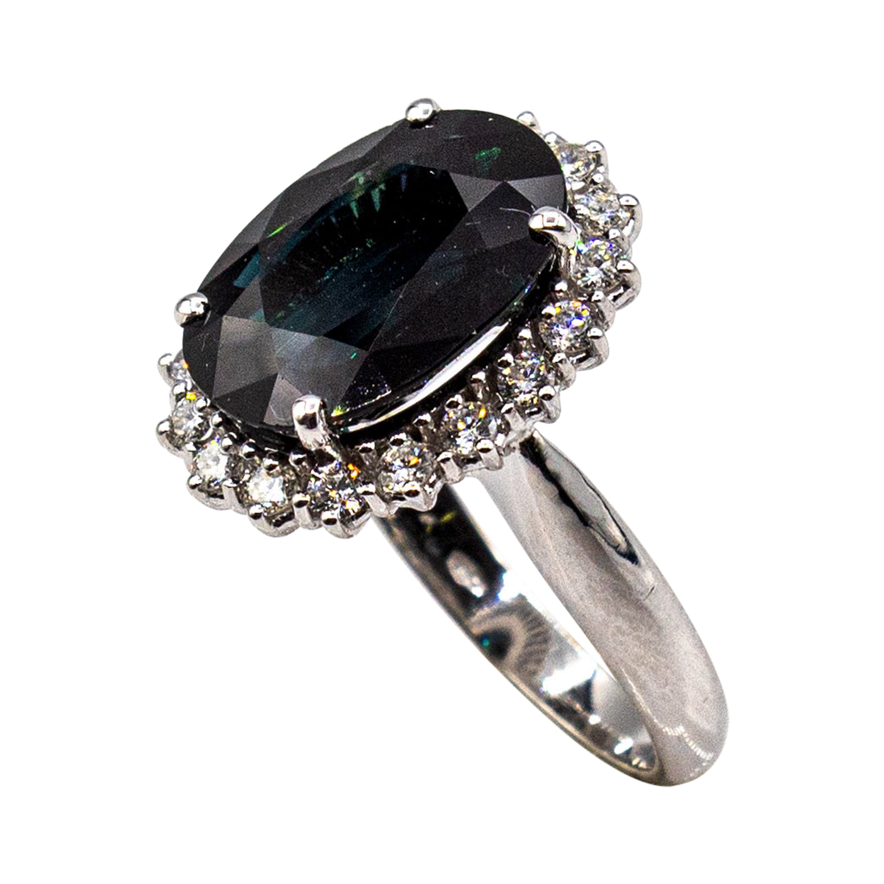 Art Deco Style White Diamond Blue Oval Cut Sapphire White Gold Cocktail Ring