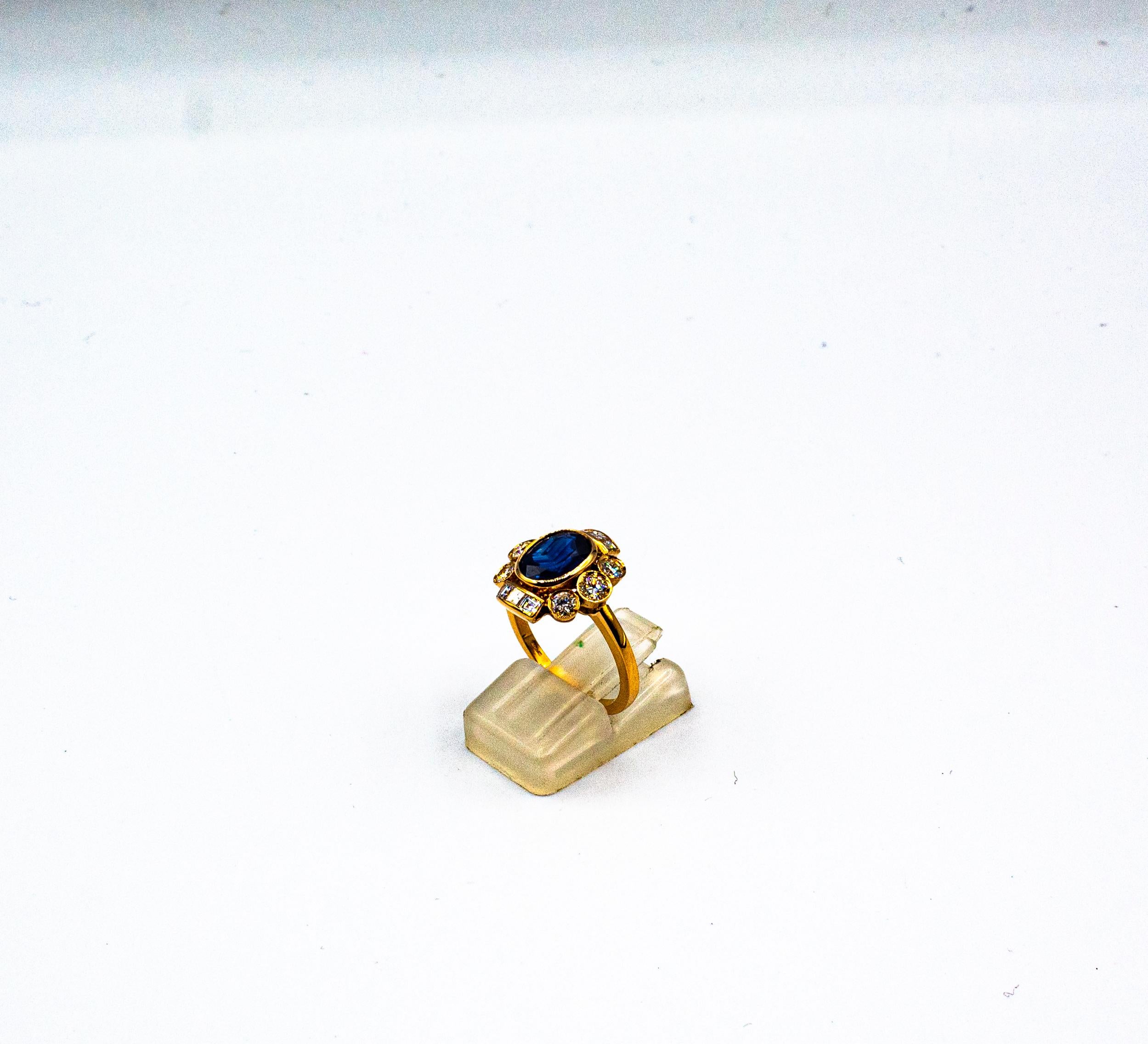Brilliant Cut Art Deco Style White Diamond Blue Oval Cut Sapphire Yellow Gold Cocktail Ring For Sale