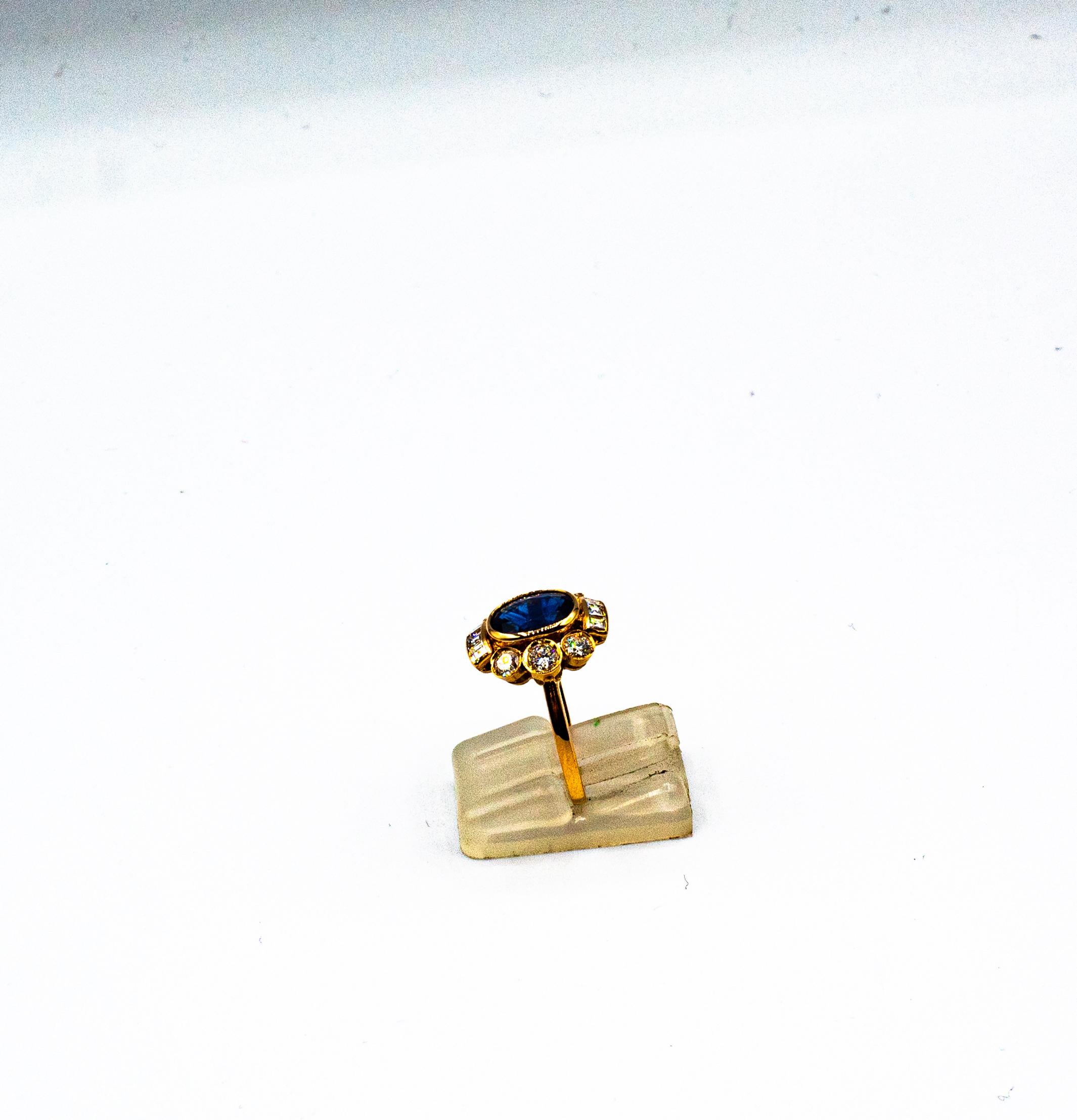 Art Deco Style White Diamond Blue Oval Cut Sapphire Yellow Gold Cocktail Ring In New Condition For Sale In Naples, IT