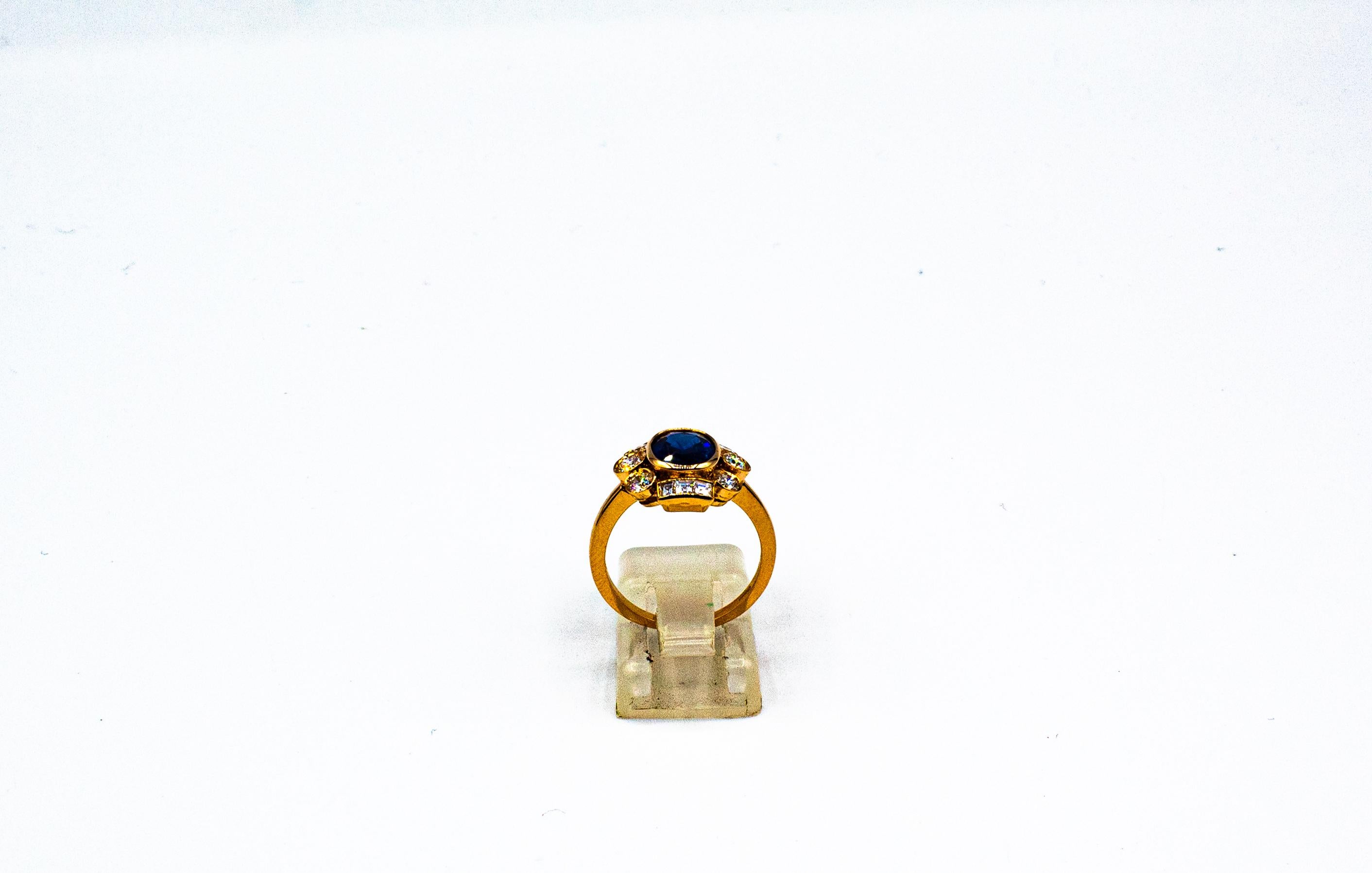 Women's or Men's Art Deco Style White Diamond Blue Oval Cut Sapphire Yellow Gold Cocktail Ring For Sale
