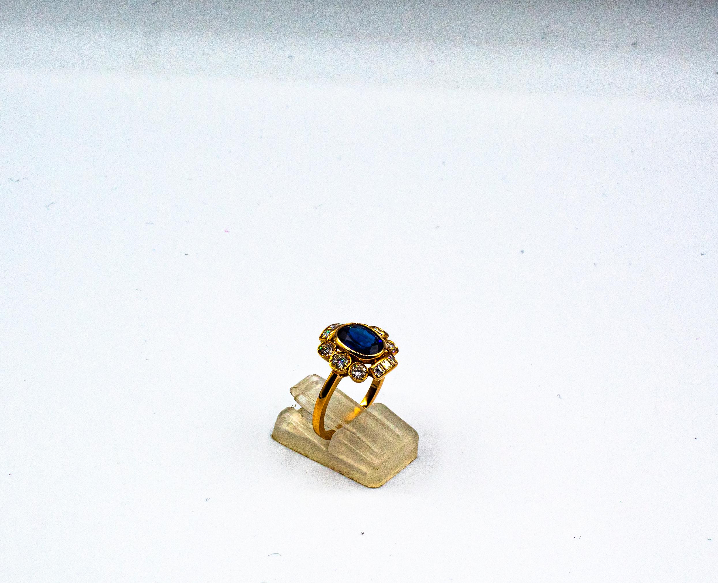 Art Deco Style White Diamond Blue Oval Cut Sapphire Yellow Gold Cocktail Ring For Sale 1