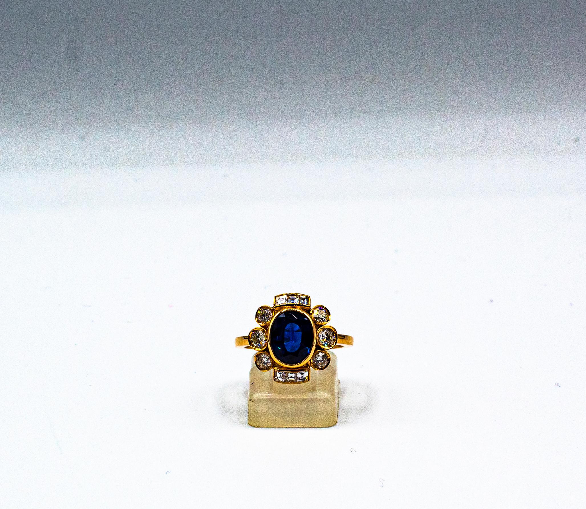 Art Deco Style White Diamond Blue Oval Cut Sapphire Yellow Gold Cocktail Ring For Sale 2