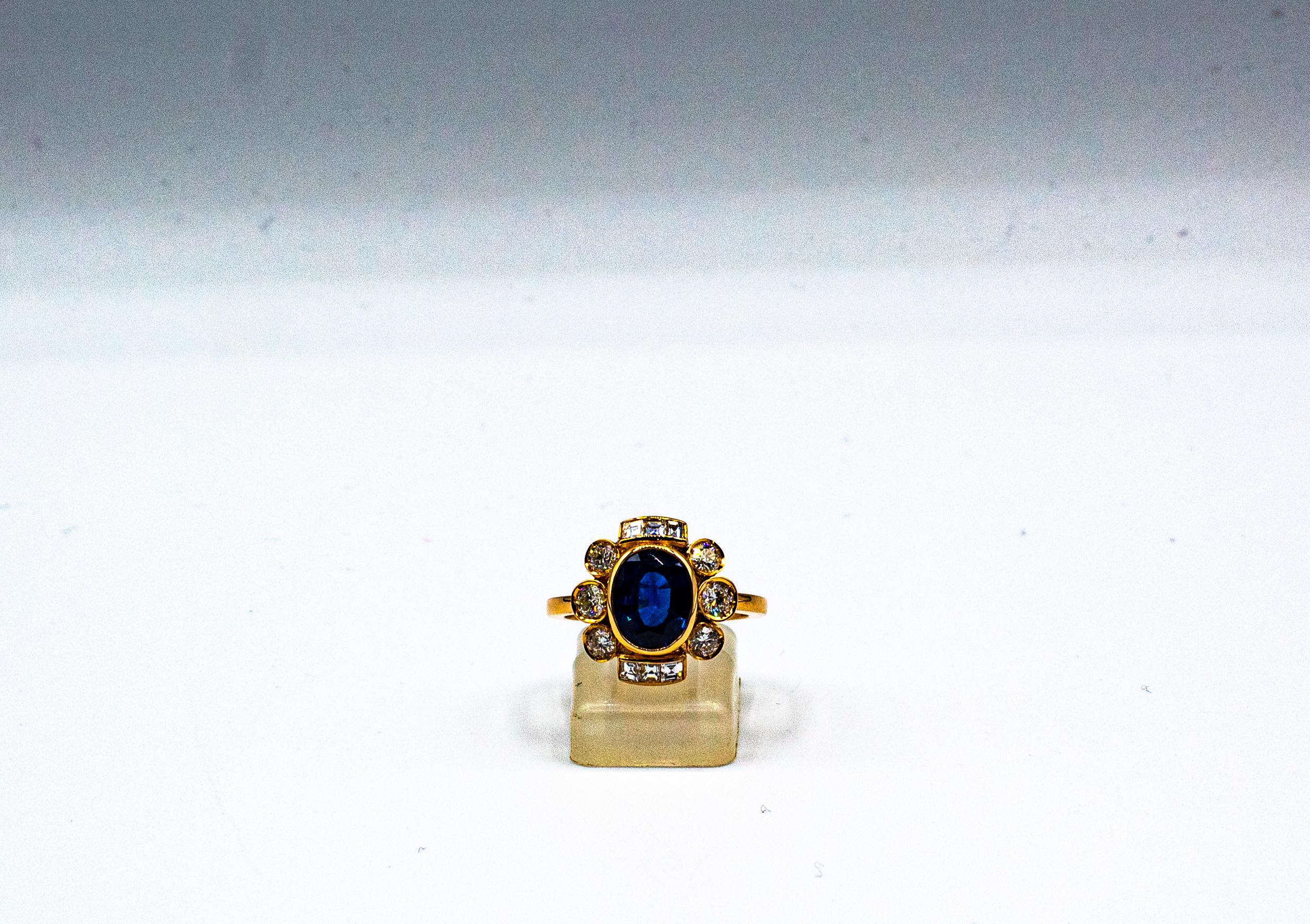 Art Deco Style White Diamond Blue Oval Cut Sapphire Yellow Gold Cocktail Ring For Sale 3