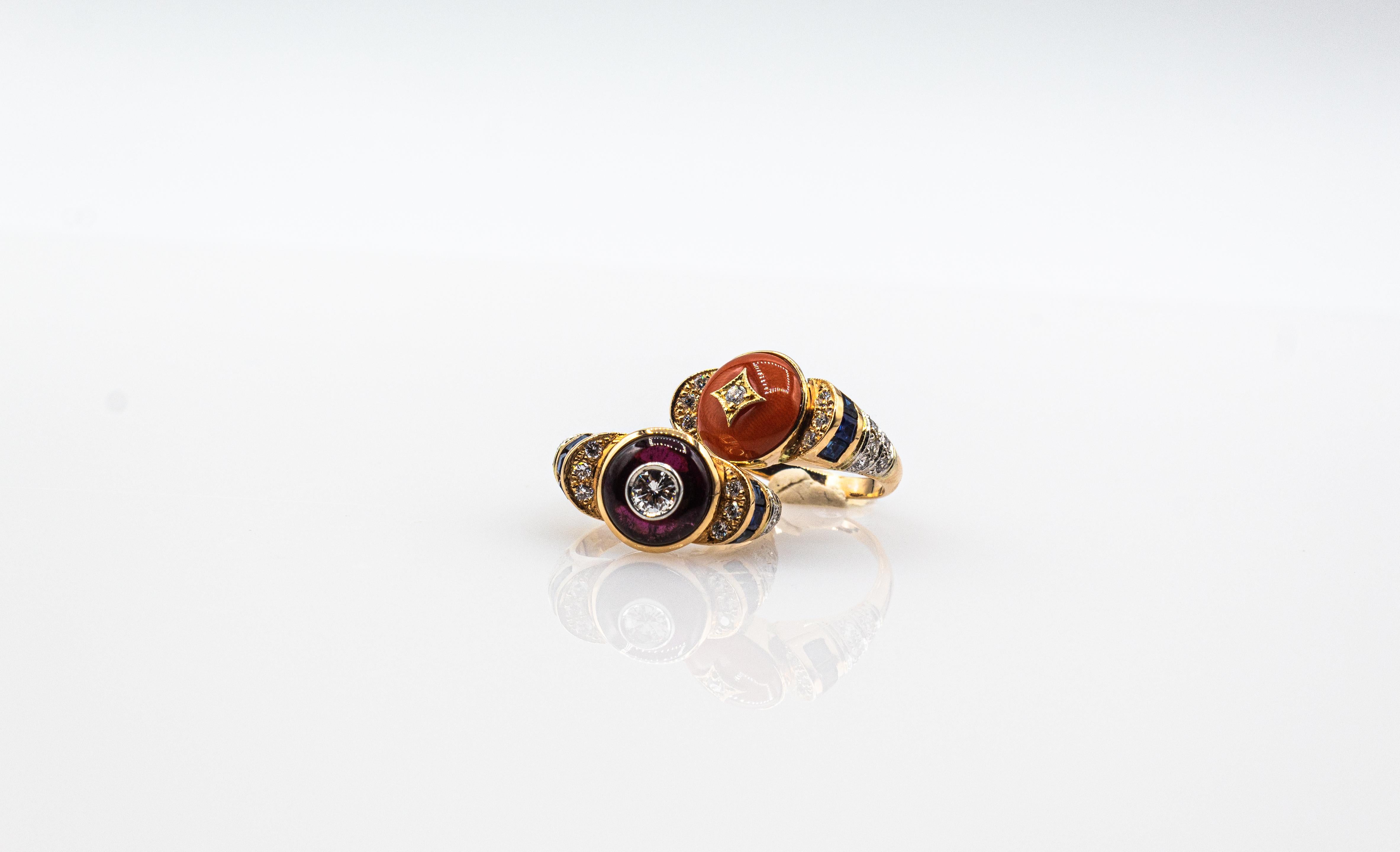 Bague cocktail de style Art déco en or jaune, diamant blanc, saphir bleu, grenat et grenat en vente 9