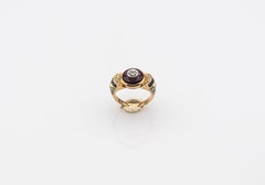 Anillo de Cóctel de Oro Amarillo con Zafiro Azul y Diamante Blanco Estilo Art Decó