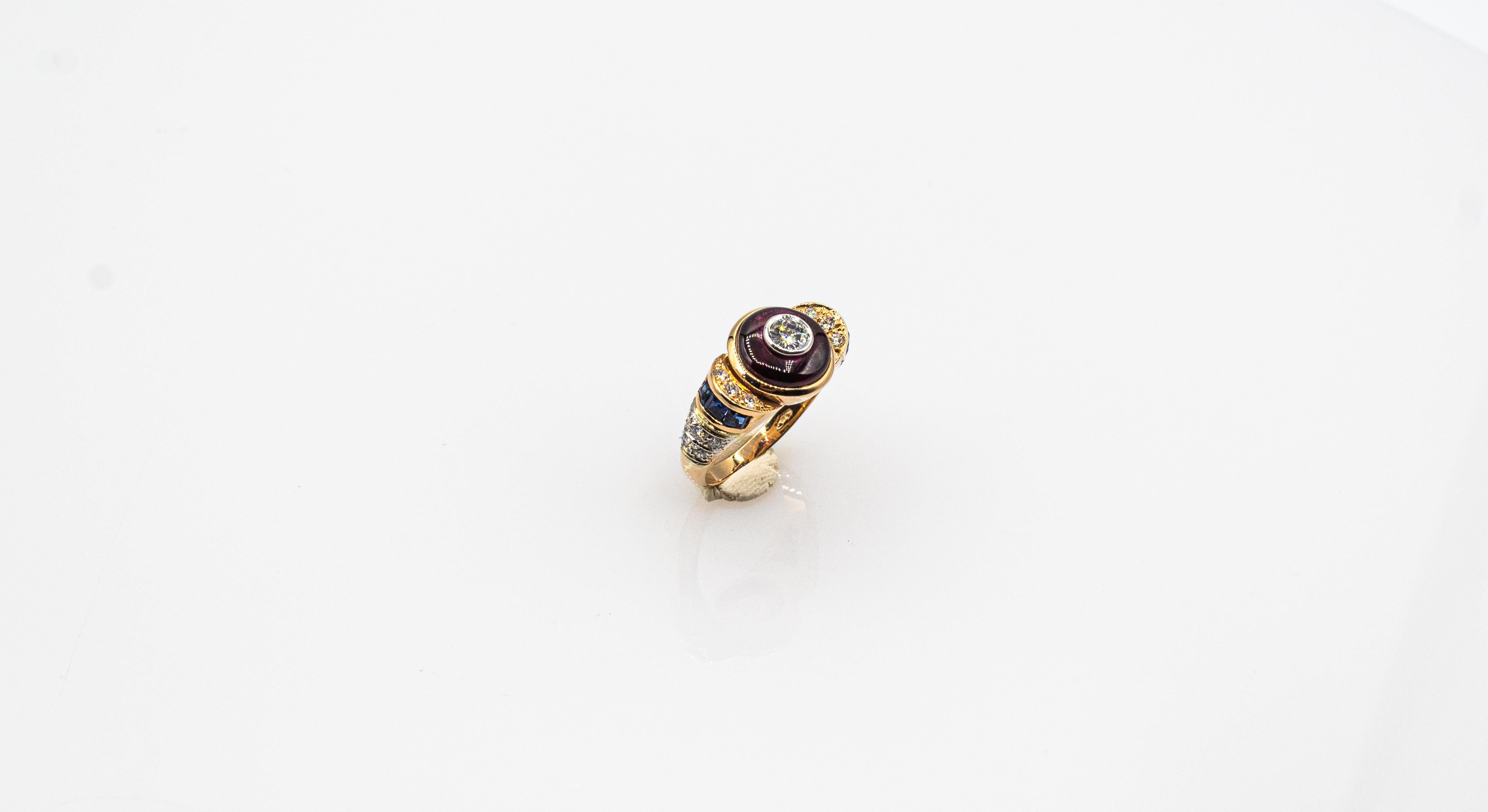 Art Deco Style White Diamond Blue Sapphire Garnet Yellow Gold Cocktail Ring For Sale 2