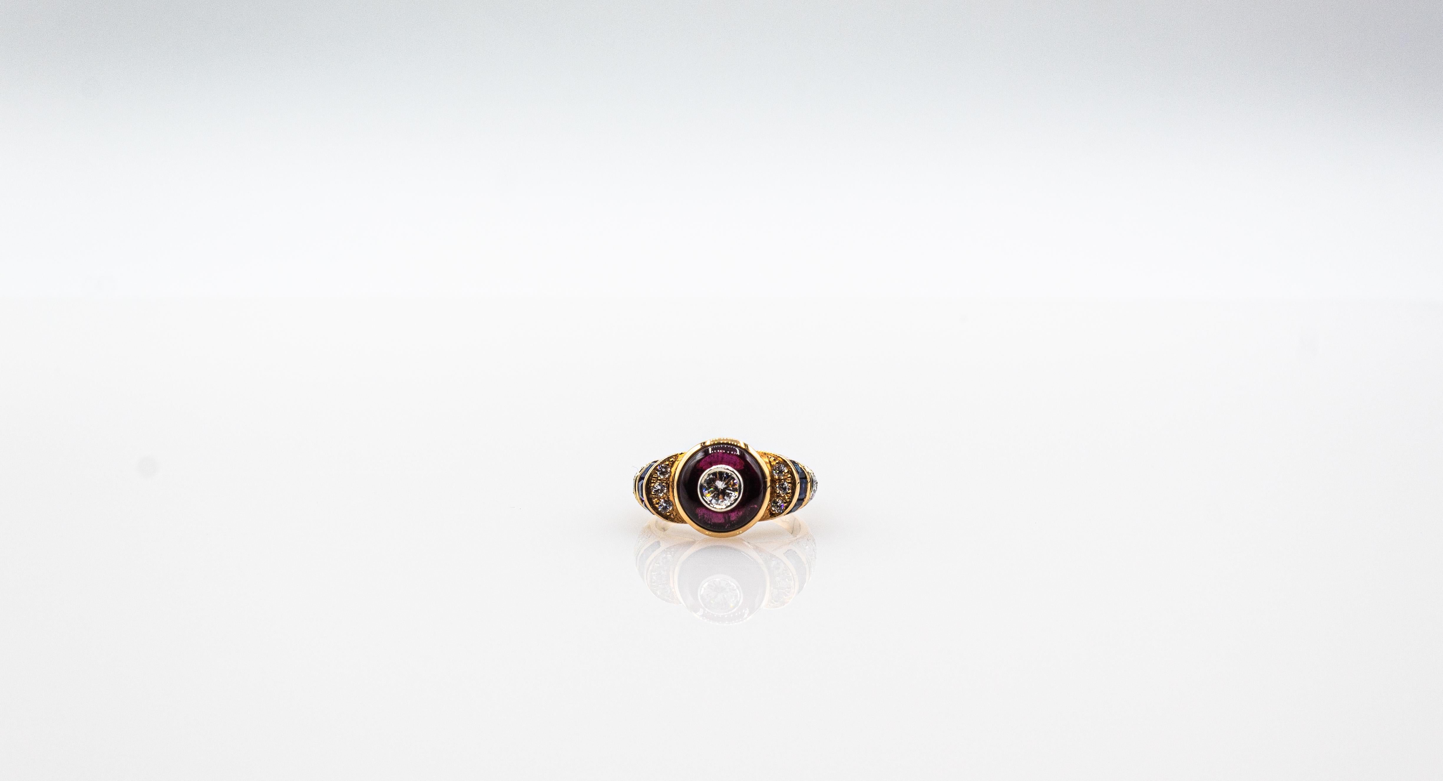 Bague cocktail de style Art déco en or jaune, diamant blanc, saphir bleu, grenat et grenat en vente 3