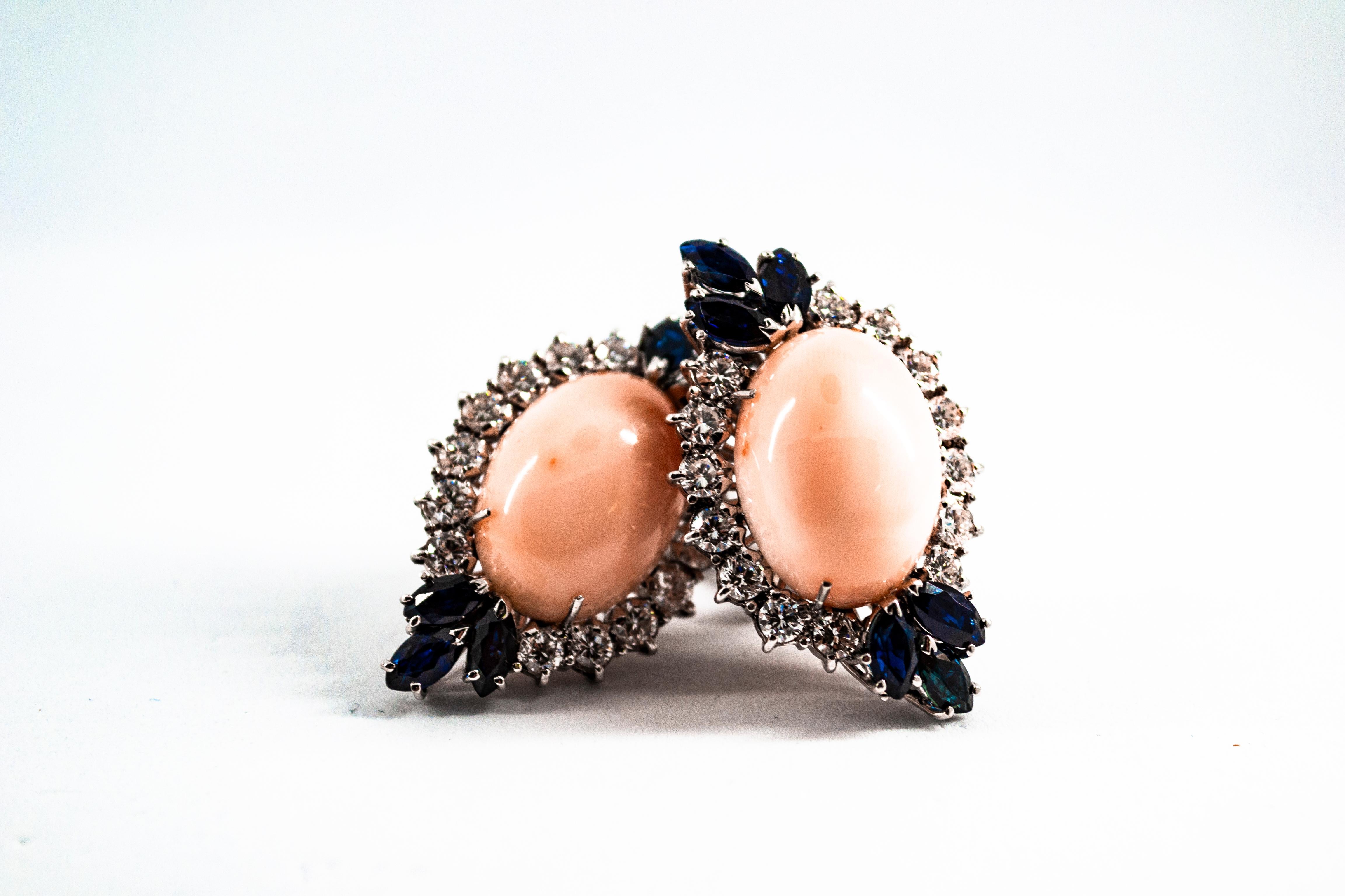 Art Deco Style White Diamond Blue Sapphire Pink Coral White Gold Dangle Earrings For Sale 5