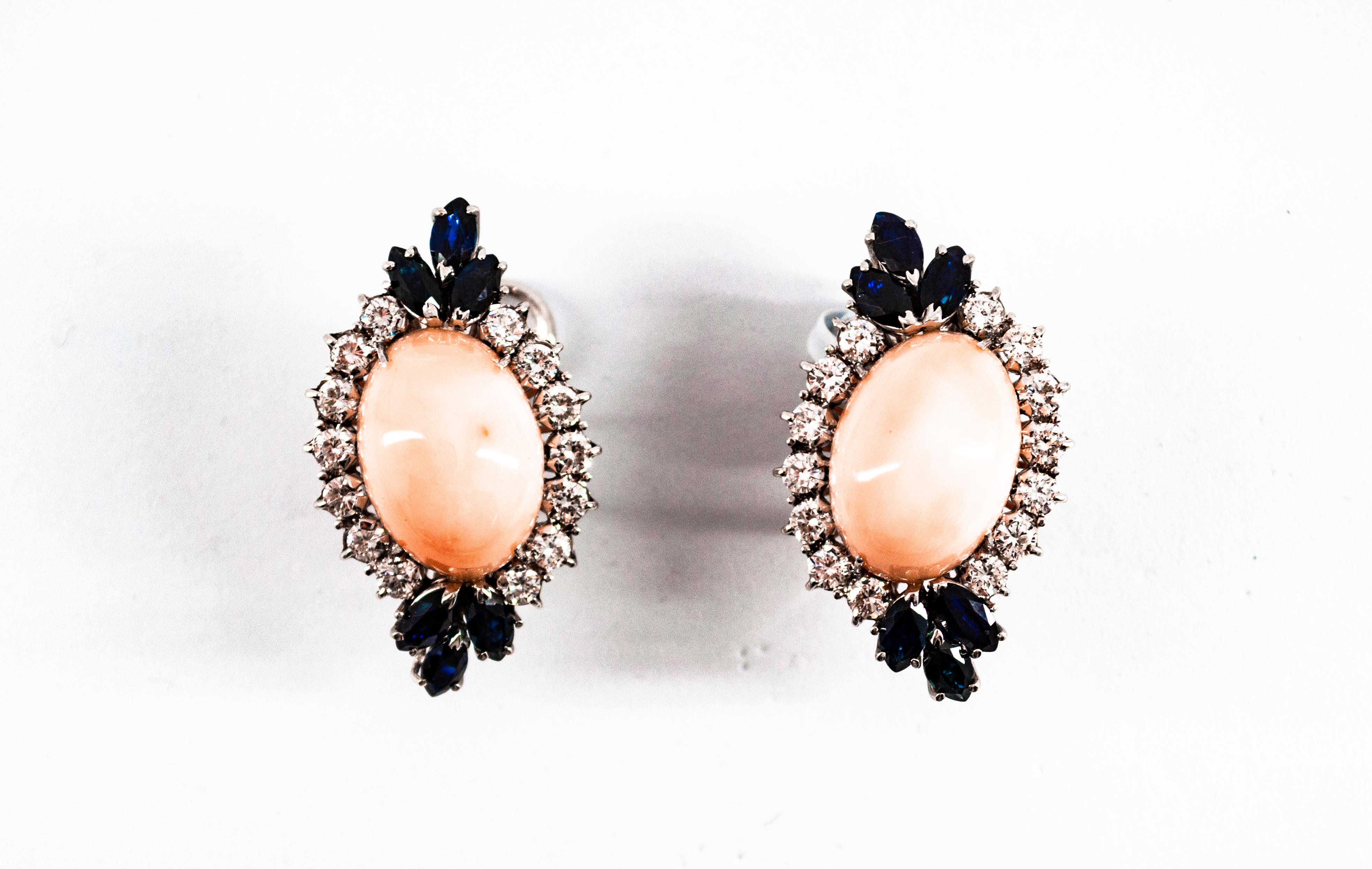 Art Deco Style White Diamond Blue Sapphire Pink Coral White Gold Dangle Earrings In New Condition For Sale In Naples, IT