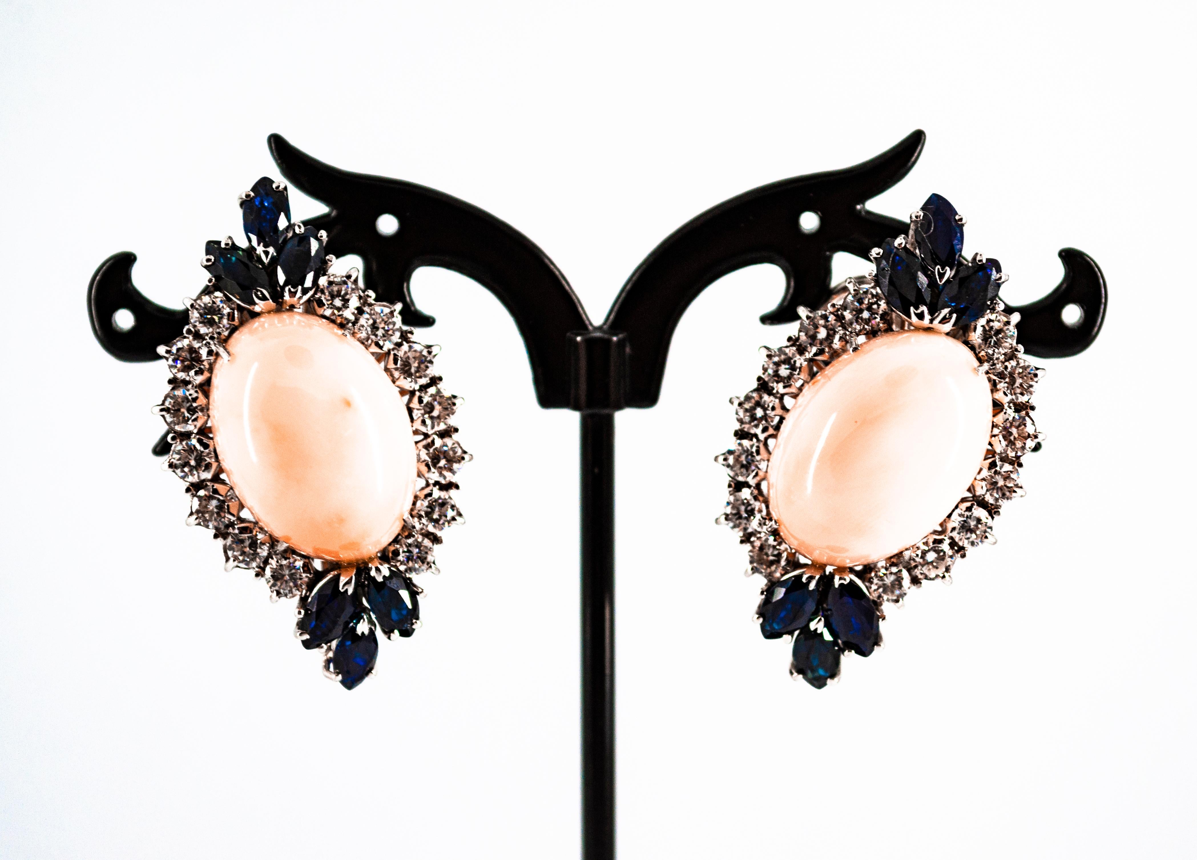 Art Deco Style White Diamond Blue Sapphire Pink Coral White Gold Dangle Earrings For Sale 2