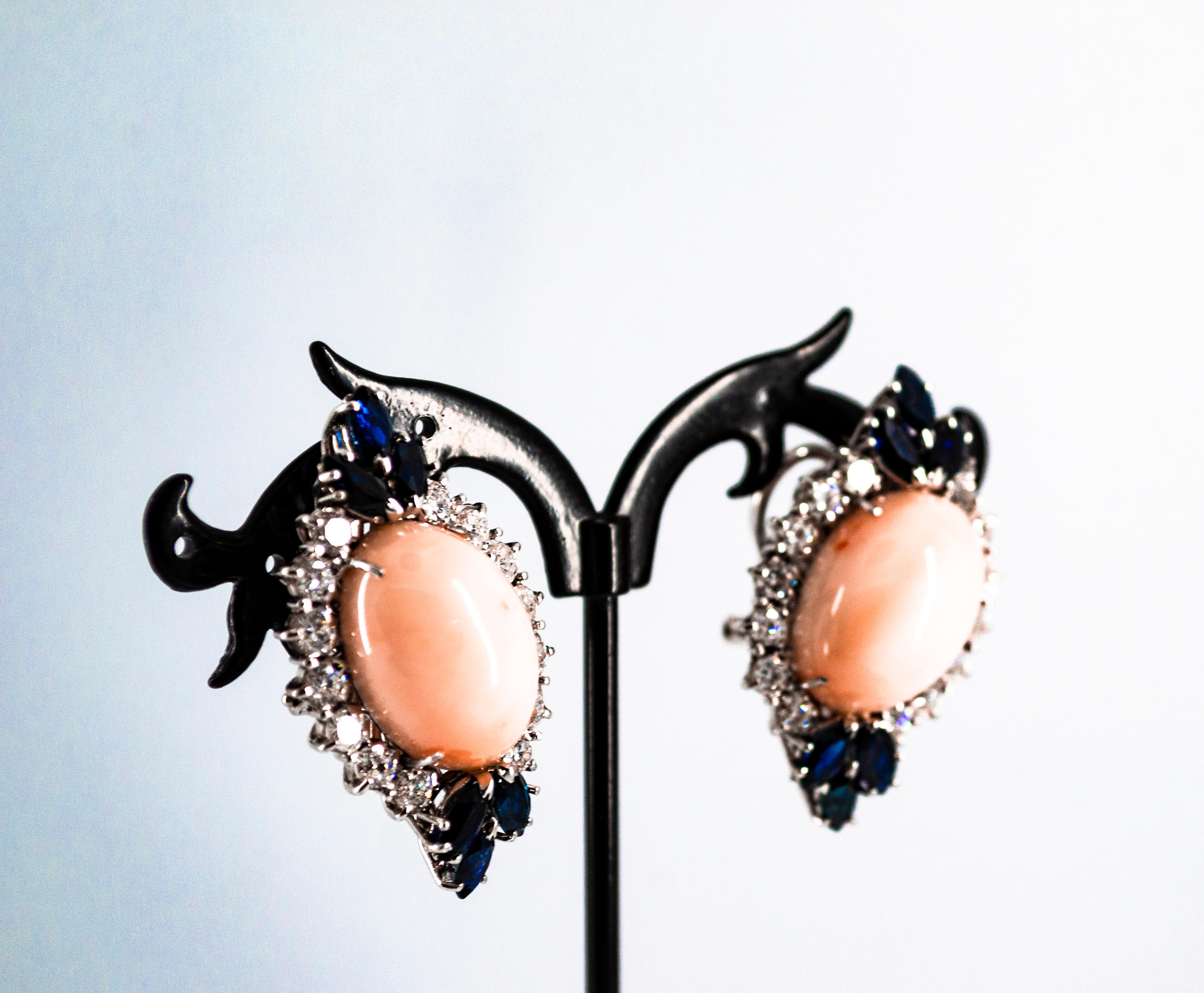 Art Deco Style White Diamond Blue Sapphire Pink Coral White Gold Dangle Earrings For Sale 3