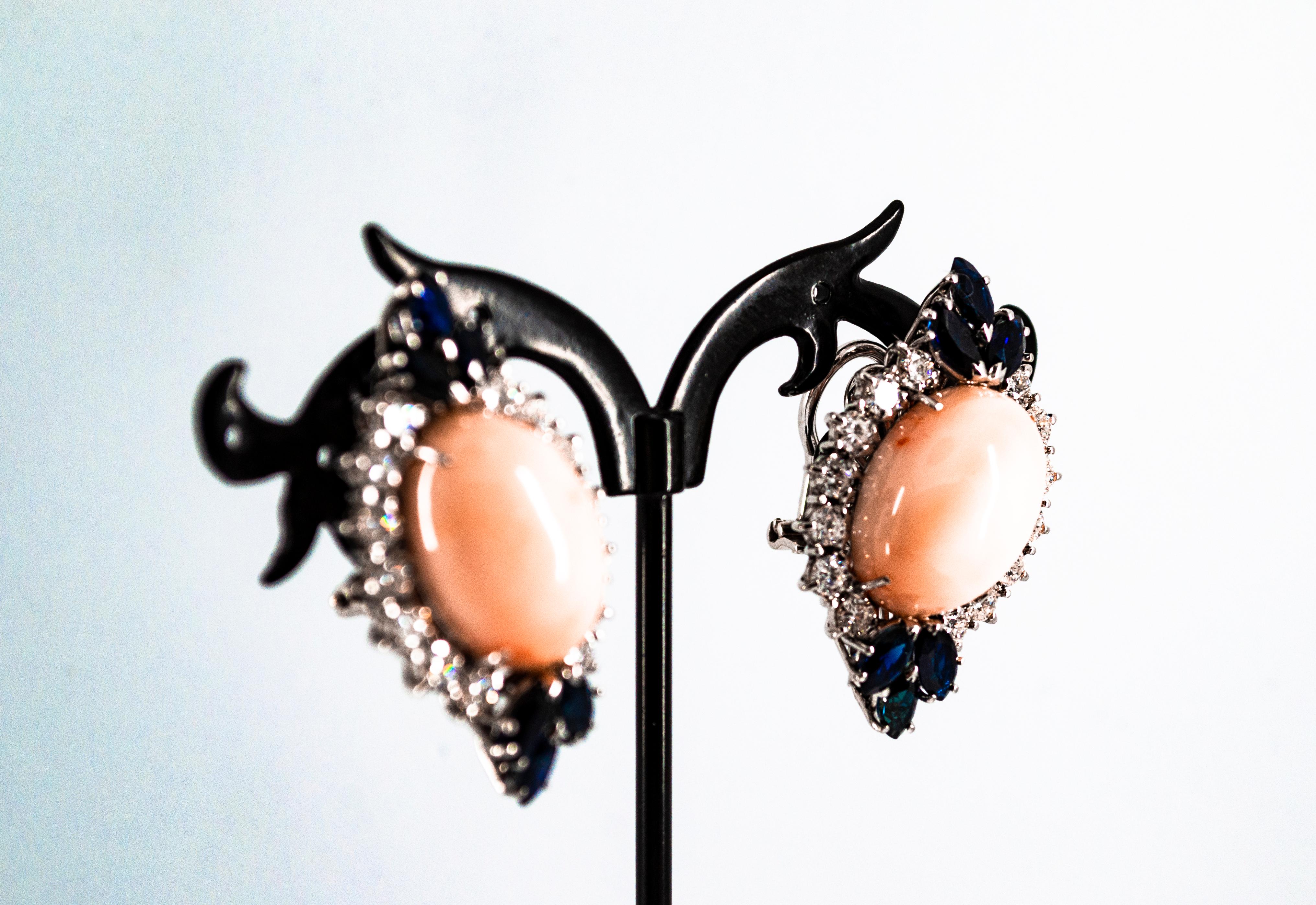 Art Deco Style White Diamond Blue Sapphire Pink Coral White Gold Dangle Earrings For Sale 4