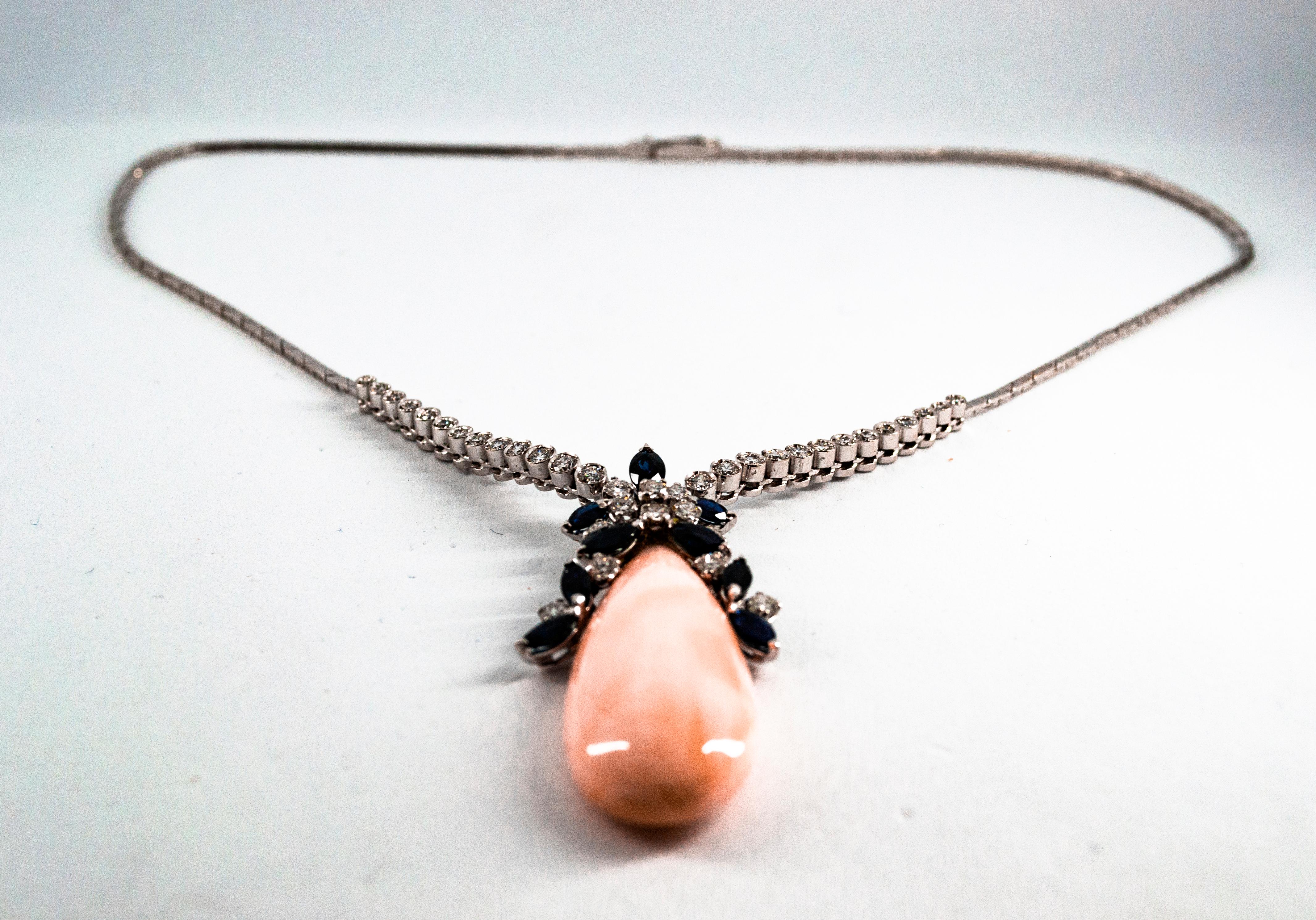 Art Deco Style White Diamond Blue Sapphire Pink Coral White Gold Necklace 5