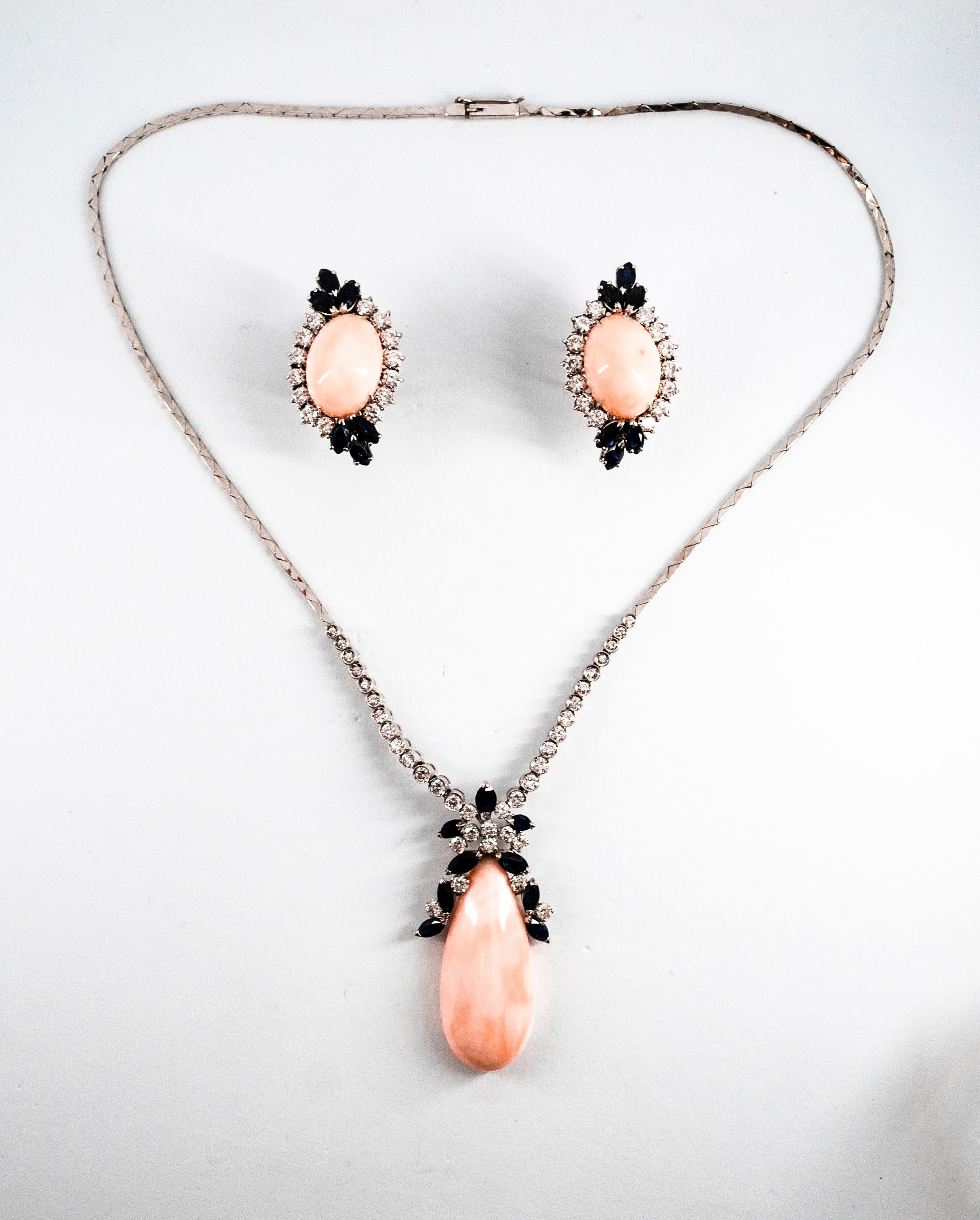 Art Deco Style White Diamond Blue Sapphire Pink Coral White Gold Necklace For Sale 7