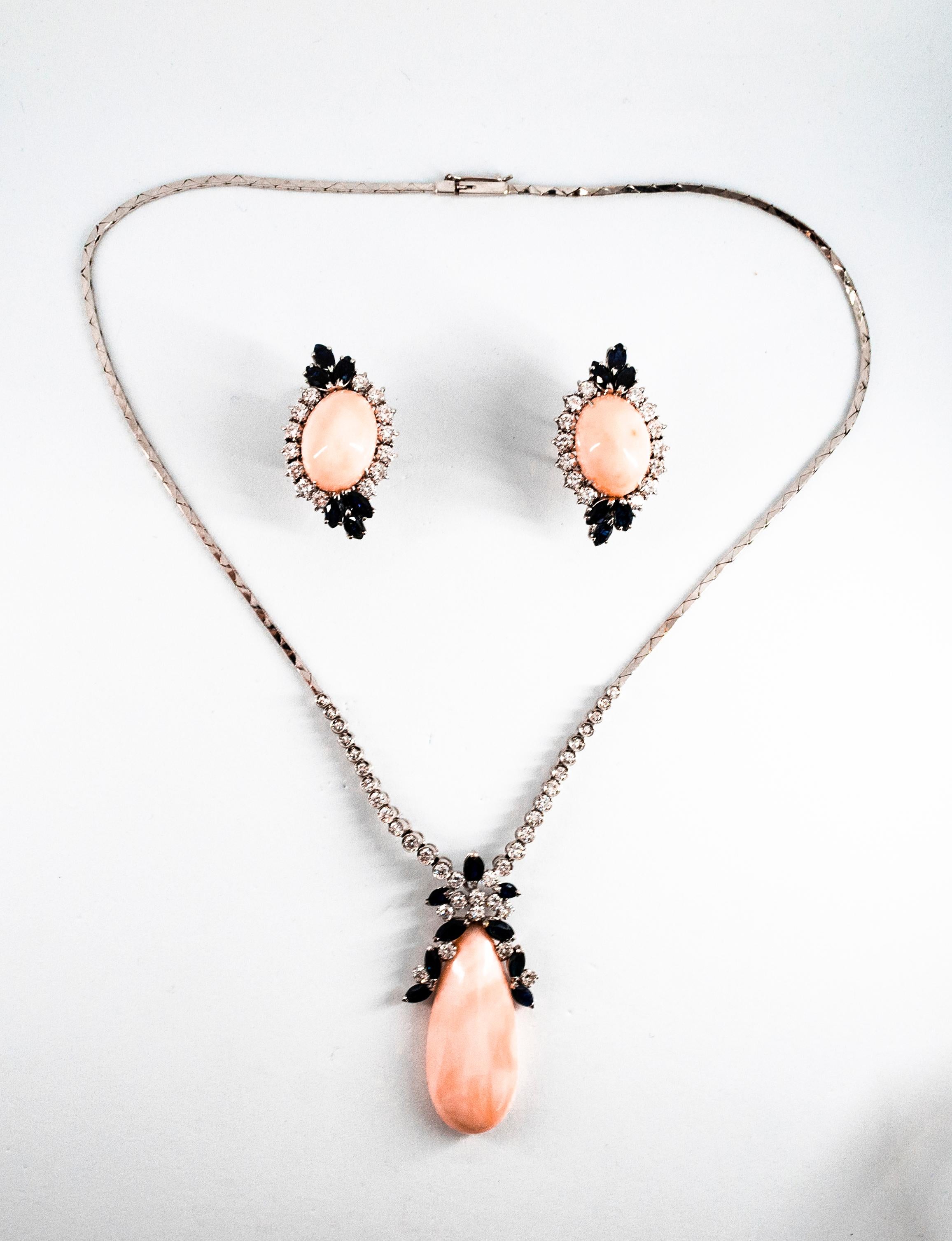 Art Deco Style White Diamond Blue Sapphire Pink Coral White Gold Necklace For Sale 9