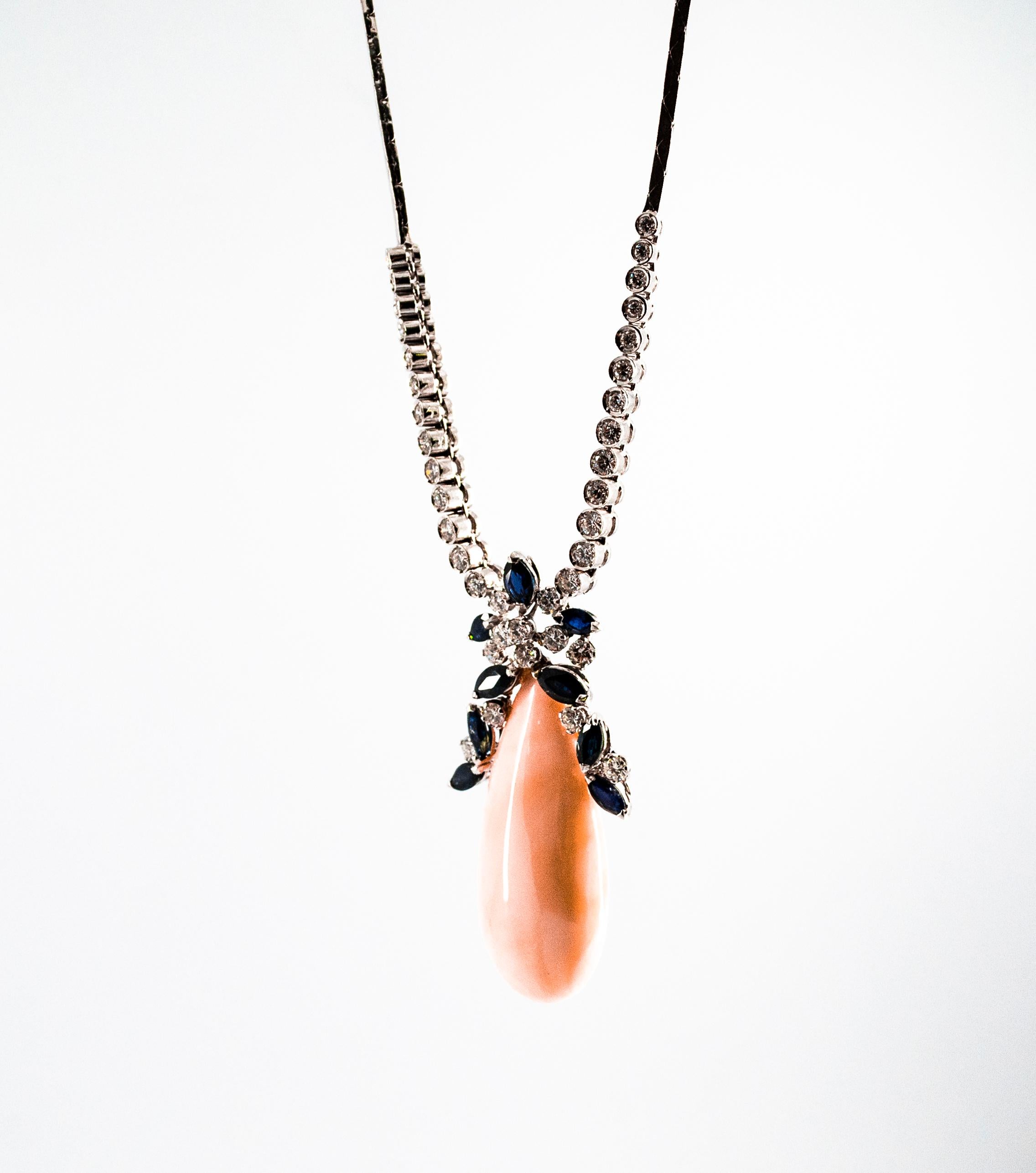 Art Deco Style White Diamond Blue Sapphire Pink Coral White Gold Necklace For Sale 1