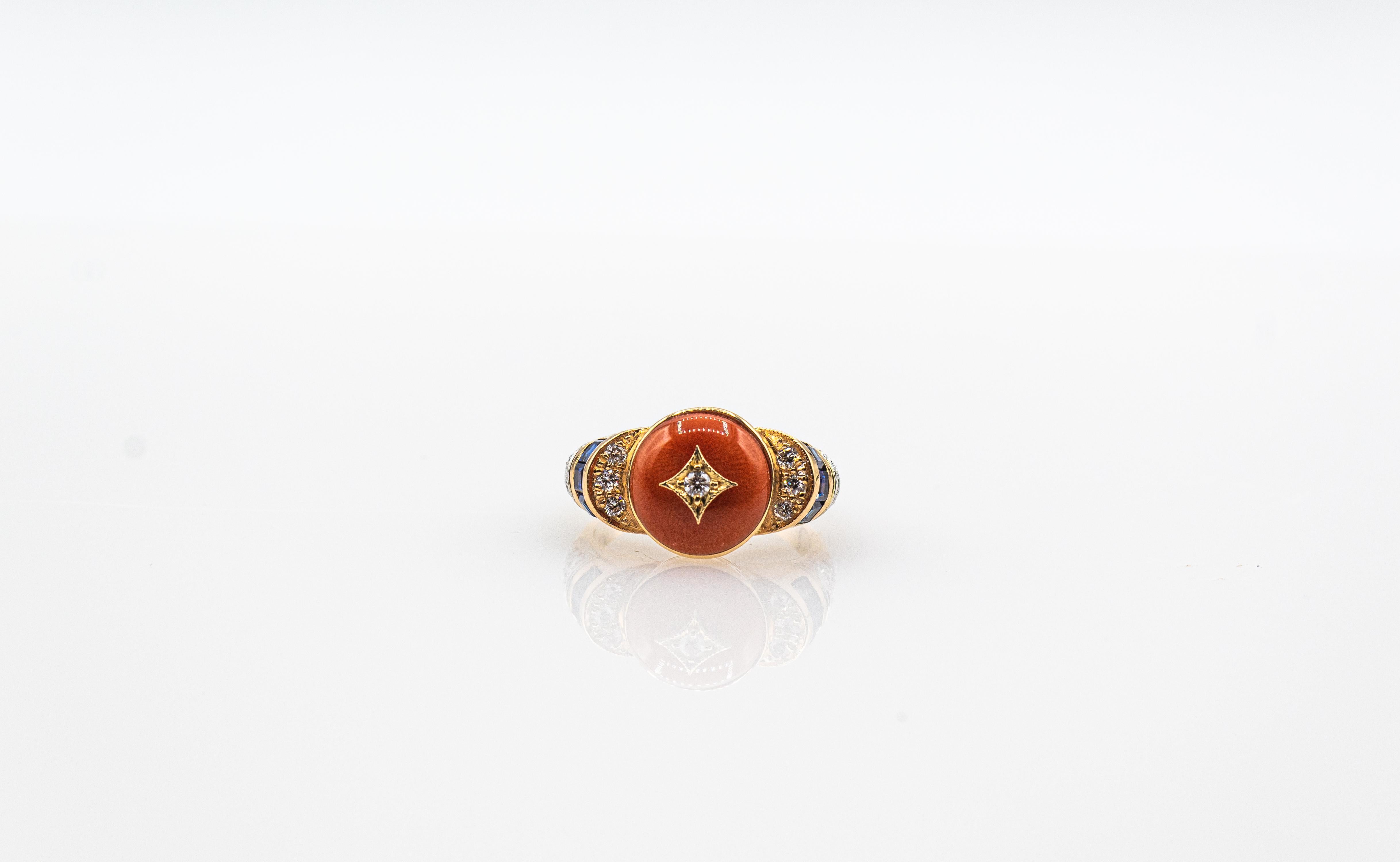Art Deco Style White Diamond Blue Sapphire Red Coral Yellow Gold Cocktail Ring For Sale 3