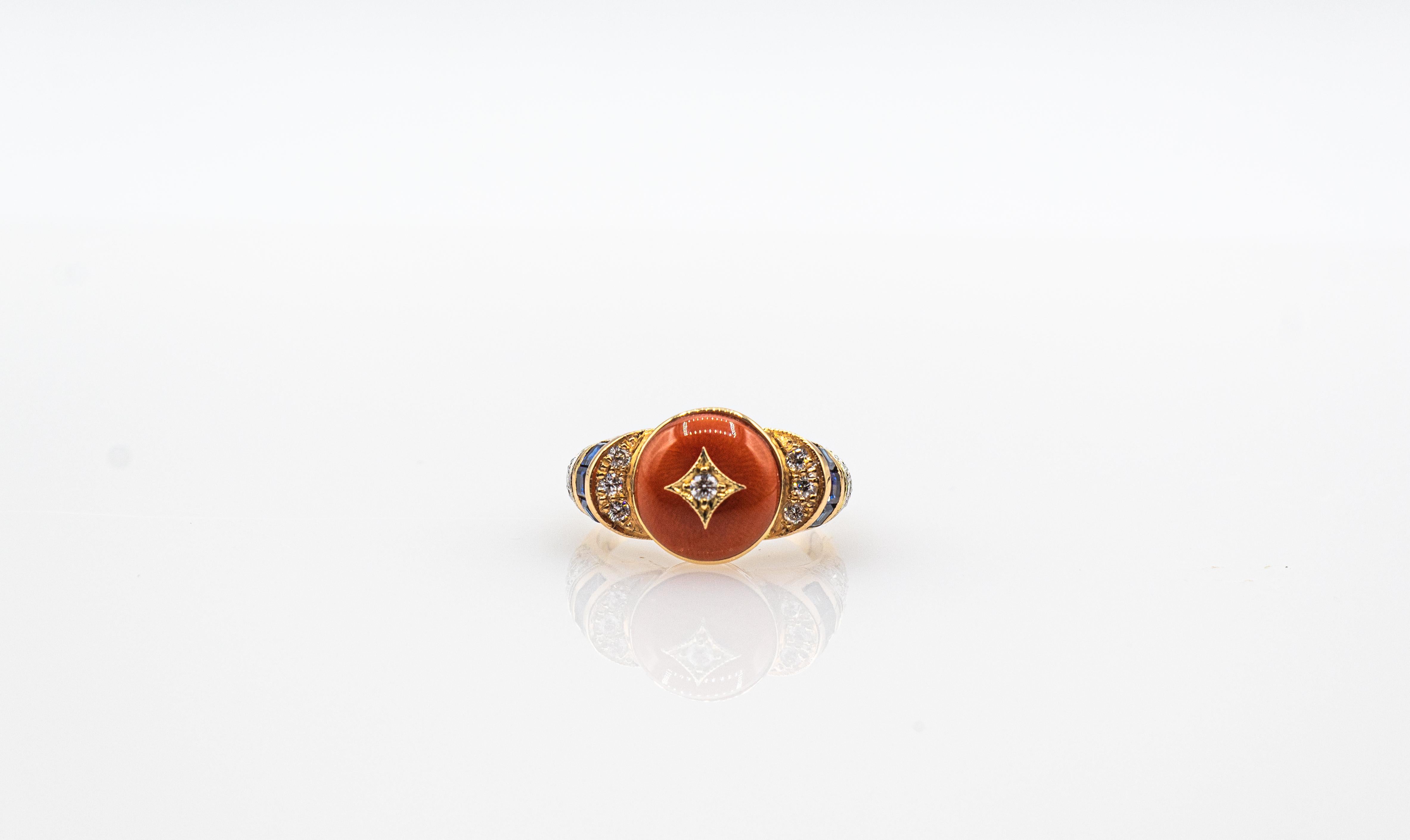 Art Deco Style White Diamond Blue Sapphire Red Coral Yellow Gold Cocktail Ring For Sale 4