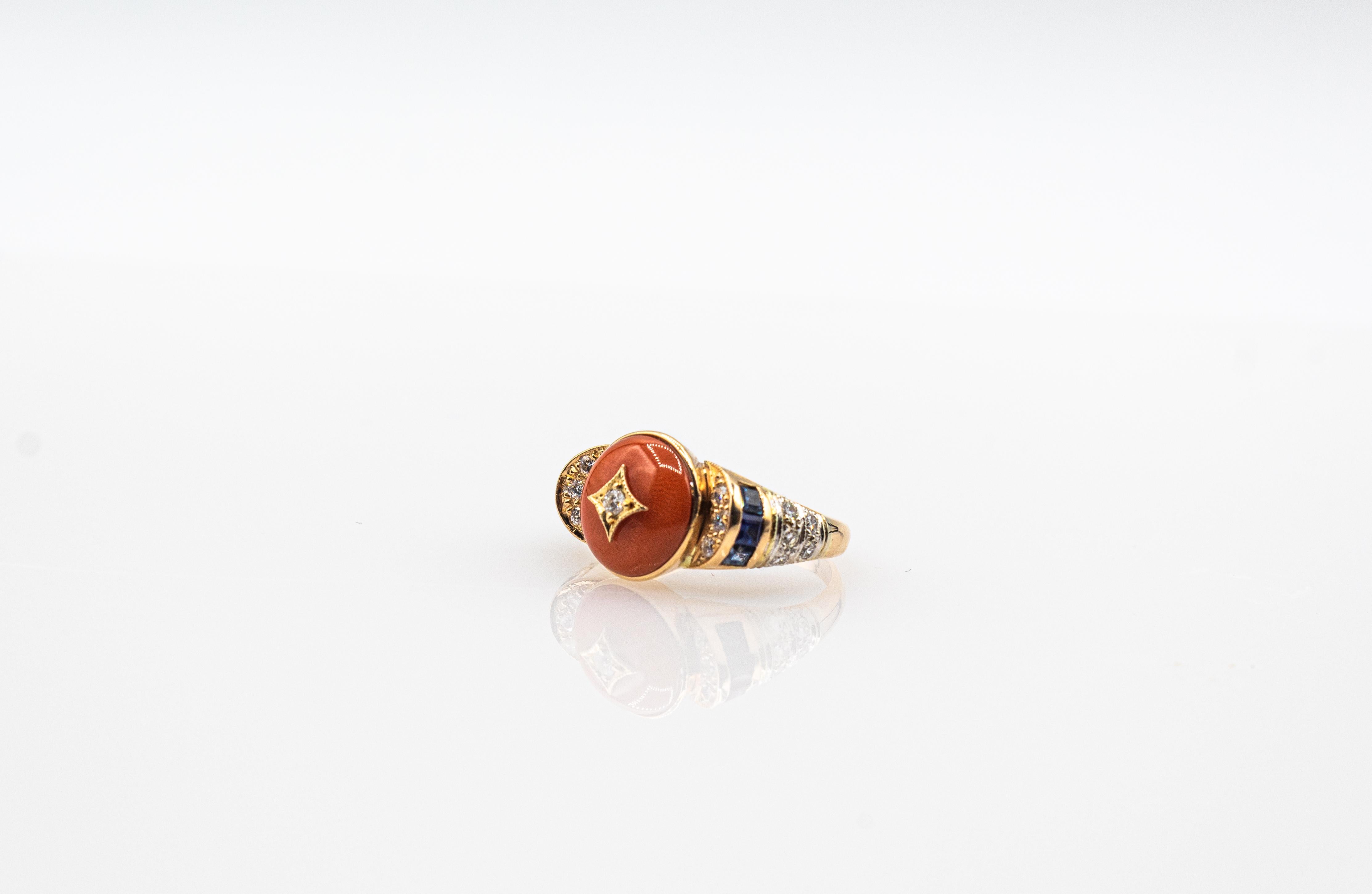 Art Deco Style White Diamond Blue Sapphire Red Coral Yellow Gold Cocktail Ring For Sale 5