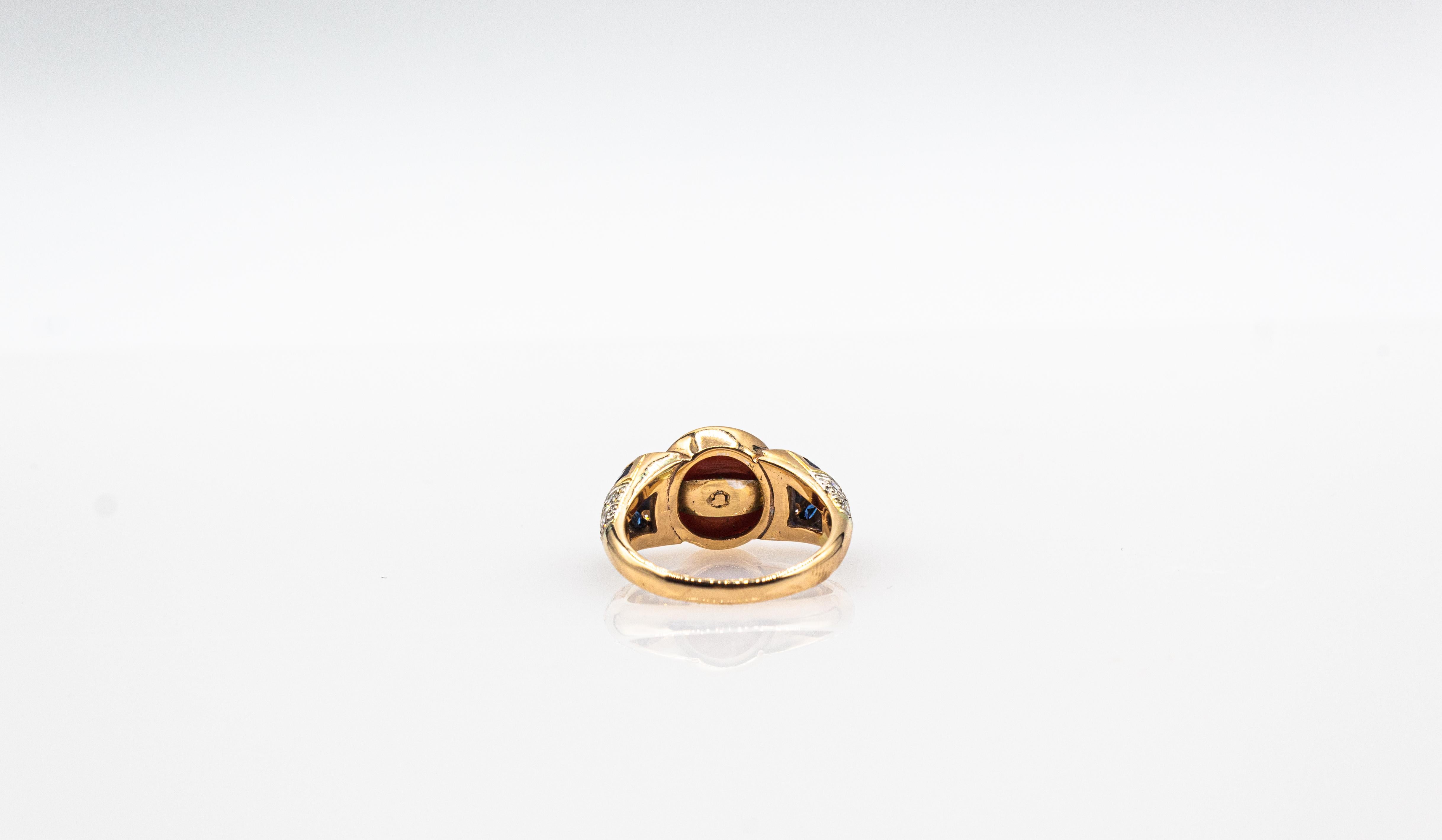 Art Deco Style White Diamond Blue Sapphire Red Coral Yellow Gold Cocktail Ring 8