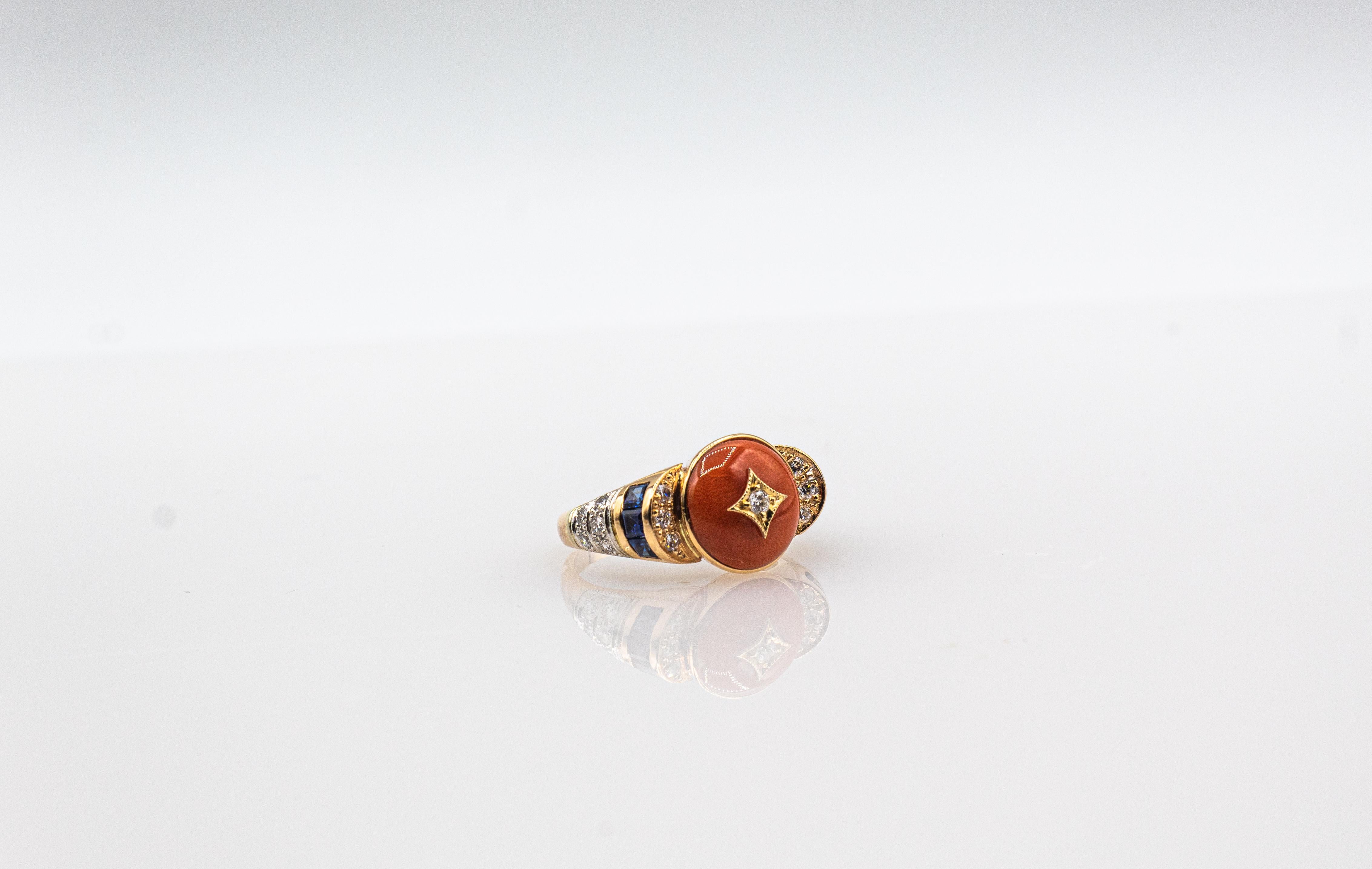 Art Deco Style White Diamond Blue Sapphire Red Coral Yellow Gold Cocktail Ring 9